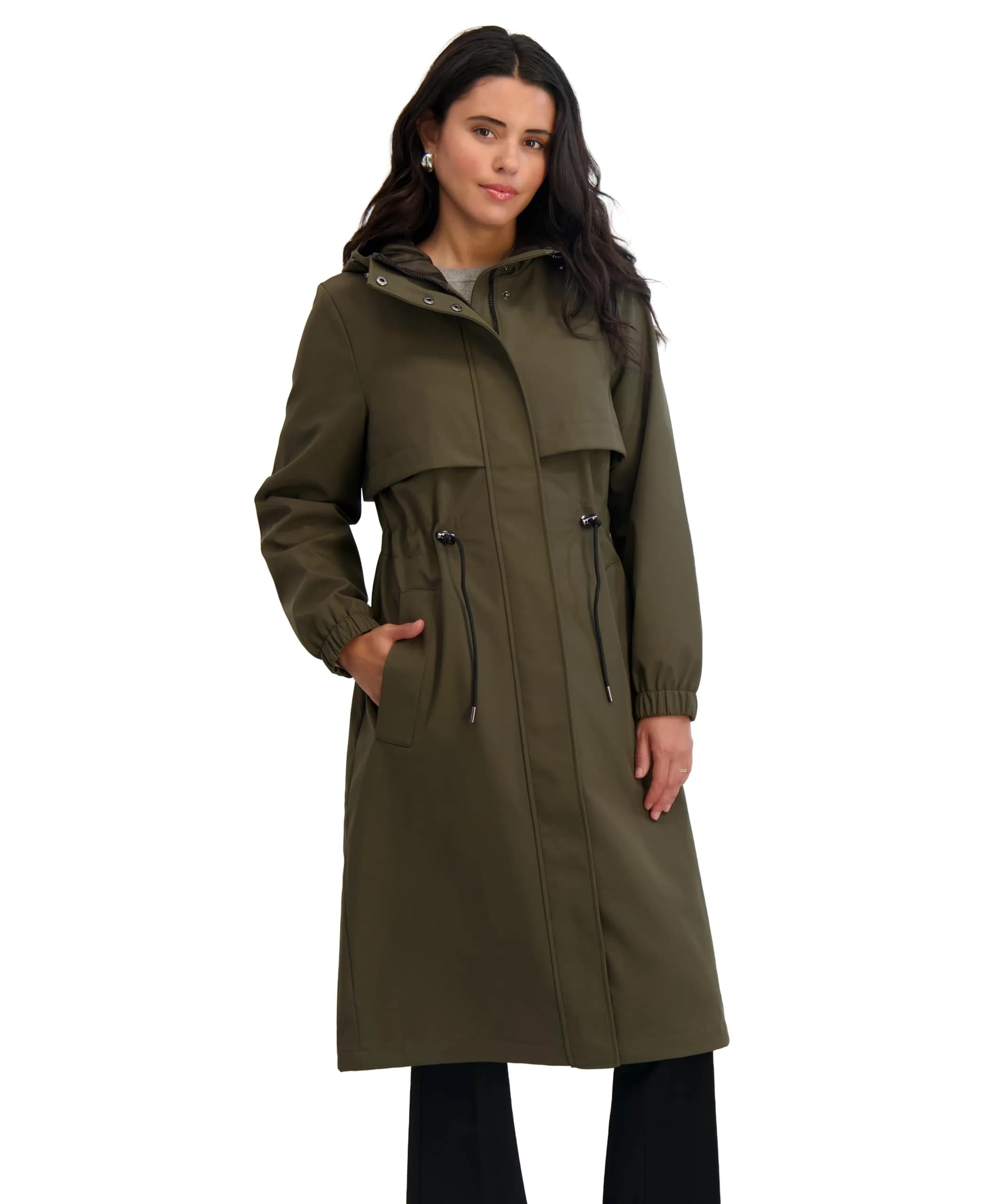 TAHARI Women's Amelia Softshell Trench Coat, Olive, Medium | Lightweight Water-Resistant Raincoat for Women