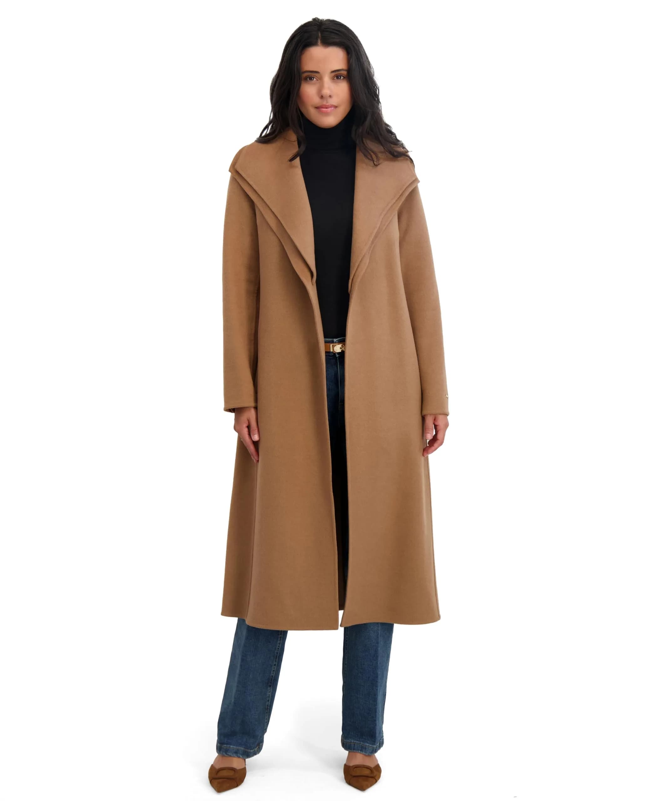 Tahari Women's Slim Fit Wool Blend Wrap Coat with Tie Belt | Elegant Long Wool Coat for Women in Camel, Large