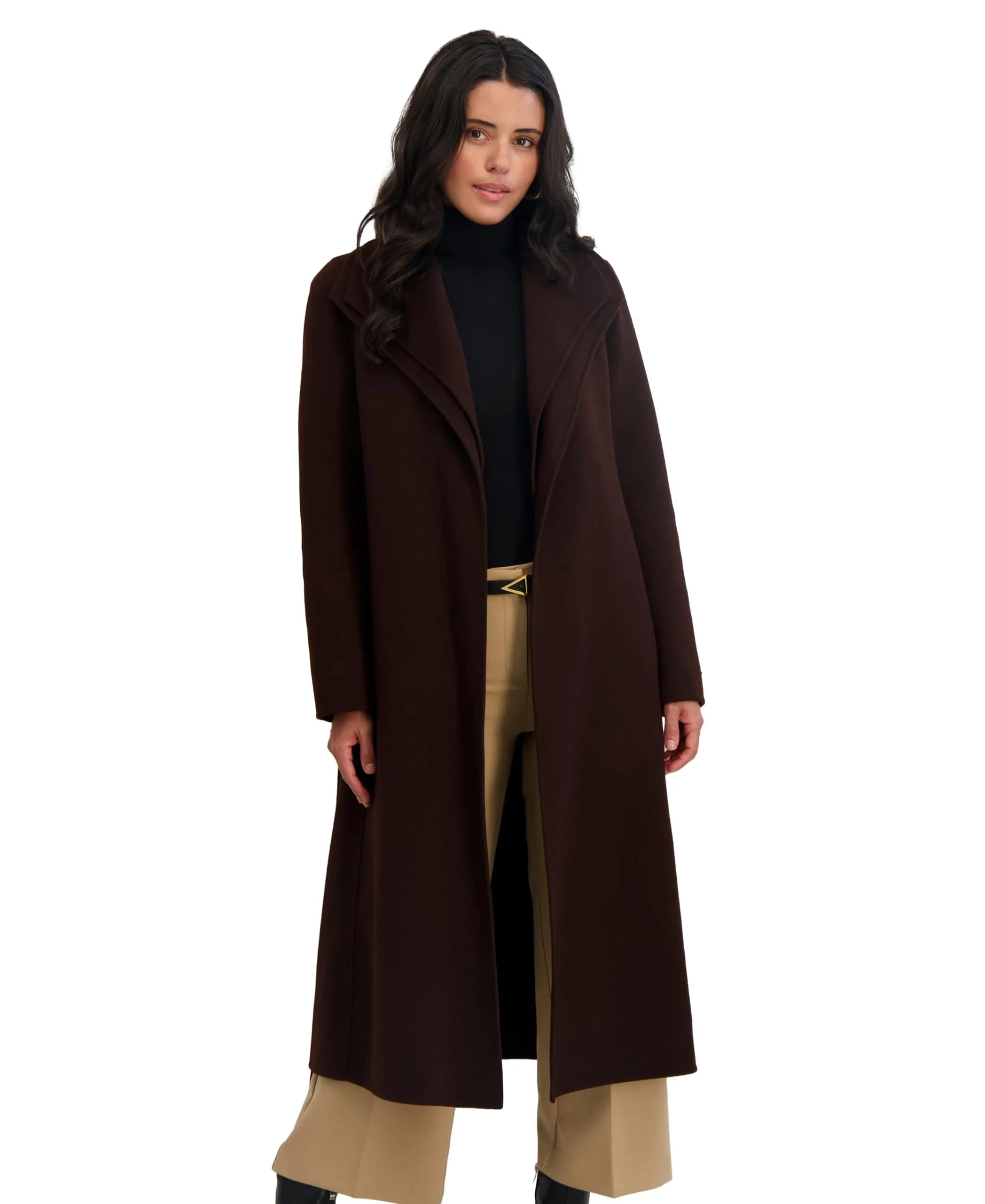 Tahari Women's Slim Fit Double-Faced Wool Blend Wrap Coat with Tie Belt | Long Wool Coat, Chocolate, Large