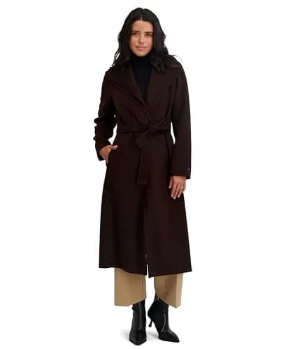 Tahari Women's Slim Fit Double-Faced Wool Blend Wrap Coat with Tie Belt | Long Wool Coat, Chocolate, Large thumbnail 2