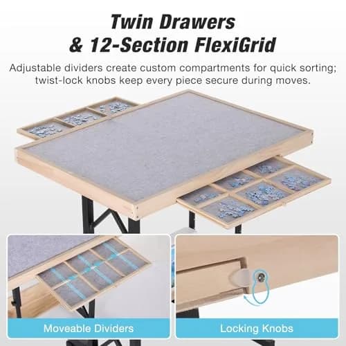 FUNTOK Puzzle Table with Legs for Adults | Adjustable Height, 1500 Pieces, Portable with Wheels & Drawers thumbnail 4