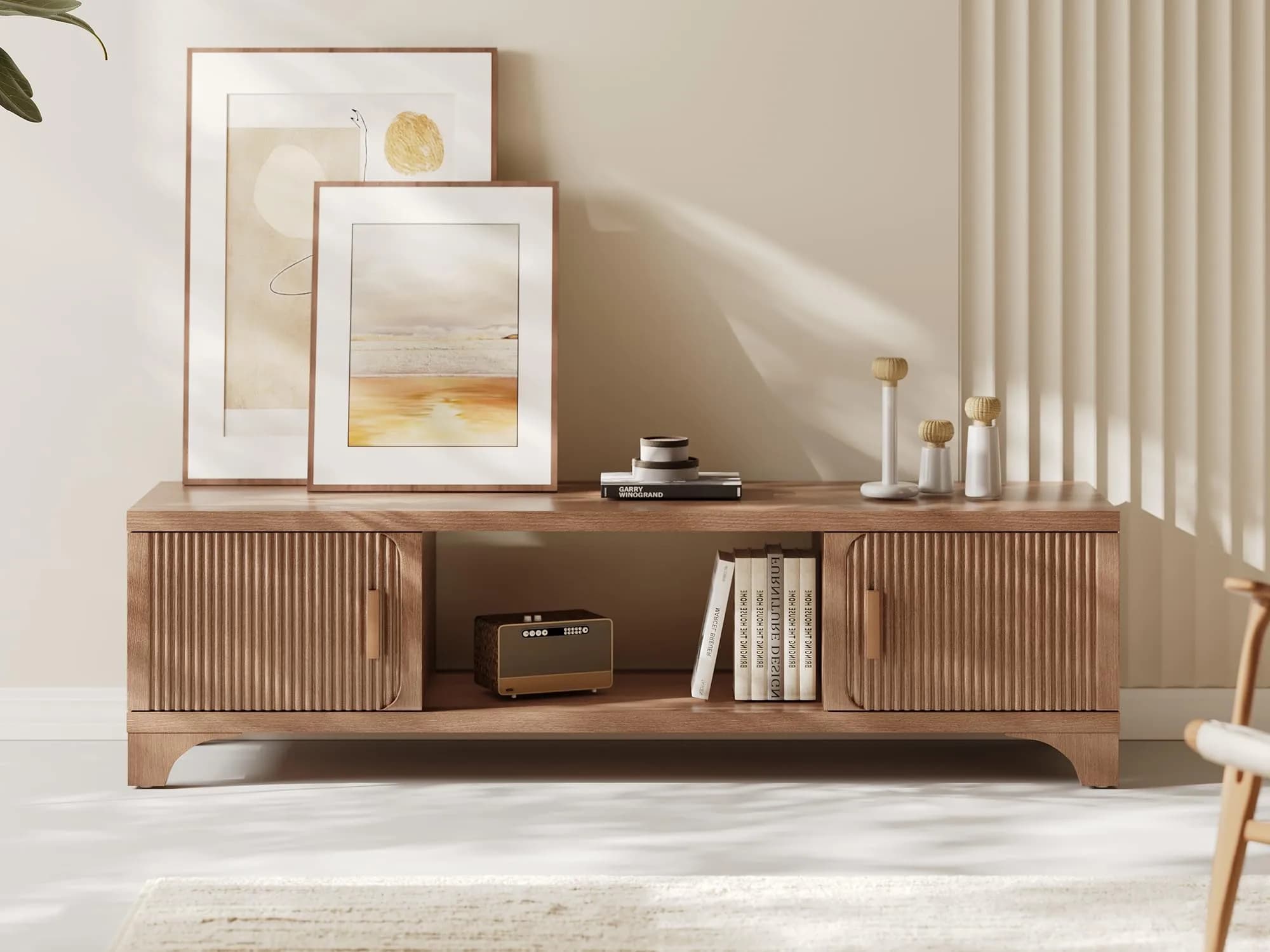 GOUUN 58 Inch Mid Century Modern TV Stand for Living Room | Vintage Boho Media Console with Storage — Light Brown