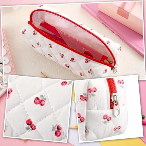 Sherr Cherry Pencil Case Cute Pencil Pouch | Lightweight, Travel-Friendly, Cotton, Zipper, 7.48 x 2.36 x 3.15 inches thumbnail 3