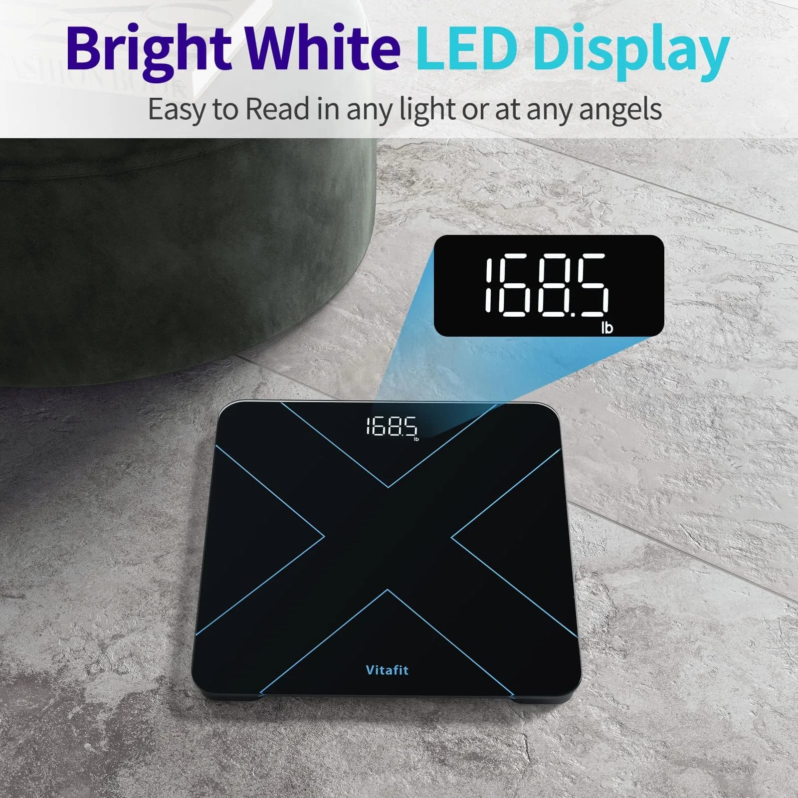 Vitafit Smart Digital Bathroom Scale for Body Weight, 182kg (400lb) | High Precision 0.05kg (0.1lb) with App Sync - view 6