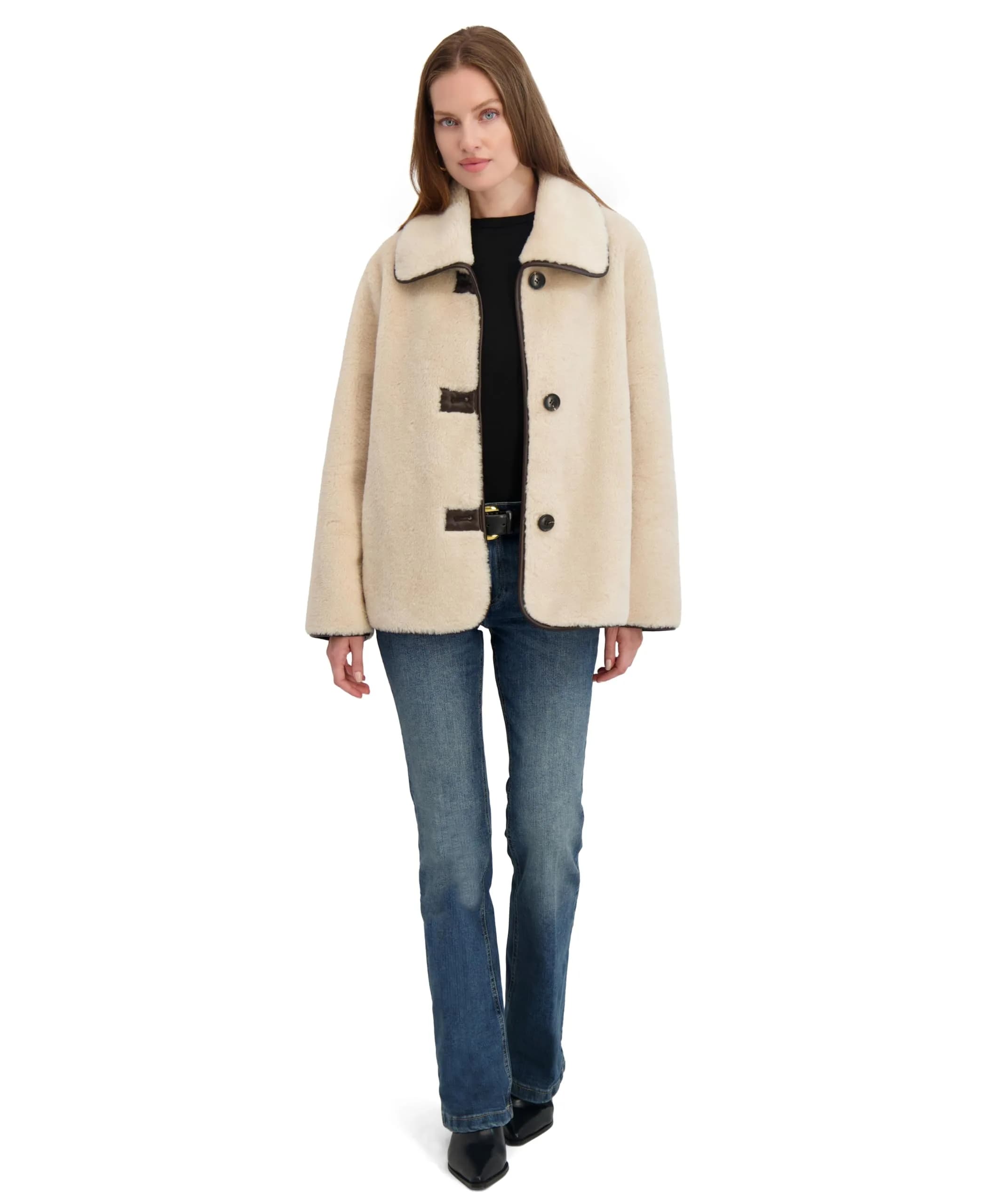 Tahari Women's Kai Reversible Faux Shearling Jacket with PU Trim, Light Beige, Small | Versatile 2-in-1 Style for Cold Weather