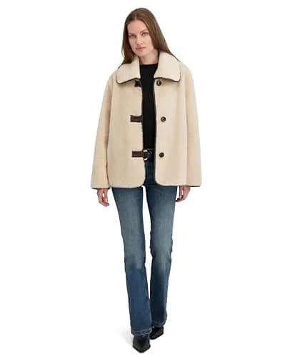 Tahari Women's Kai Reversible Faux Shearling Jacket with PU Trim, Light Beige, Small | Versatile 2-in-1 Style for Cold Weather thumbnail 1