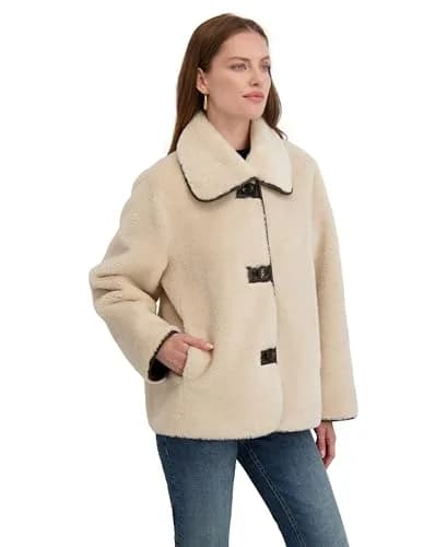 Tahari Women's Kai Reversible Faux Shearling Jacket with PU Trim, Light Beige, Small | Versatile 2-in-1 Style for Cold Weather thumbnail 2