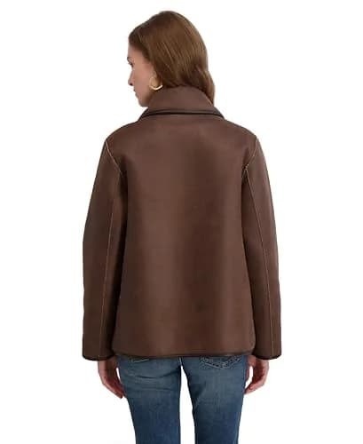 Tahari Women's Kai Reversible Faux Shearling Jacket with PU Trim, Light Beige, Small | Versatile 2-in-1 Style for Cold Weather thumbnail 3
