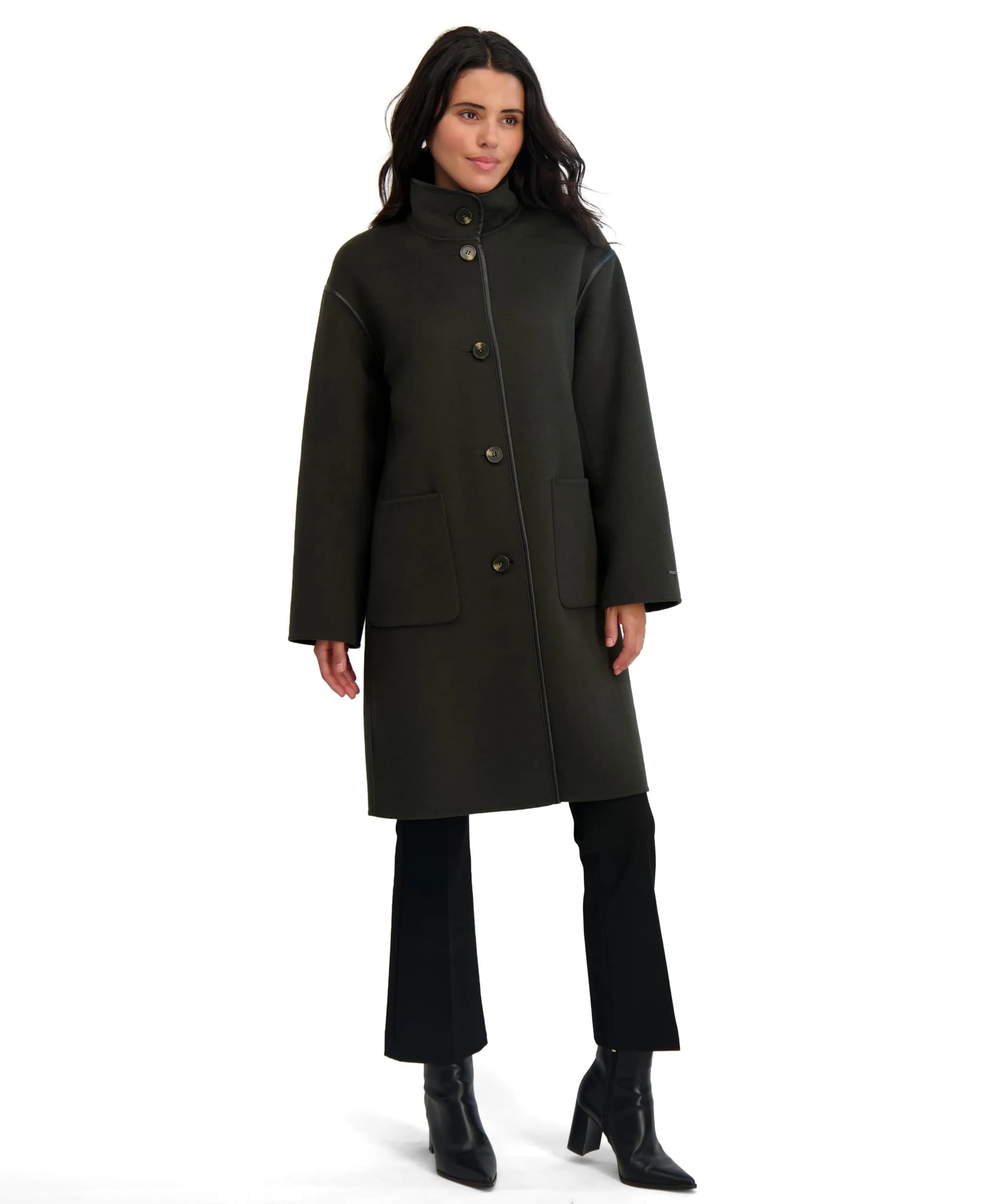 TAHARI Women's Sydney Soft Wool Topper Coat, Black, X-Small | Relaxed Wool Blend Overcoat for Cold Weather — Olive / Large