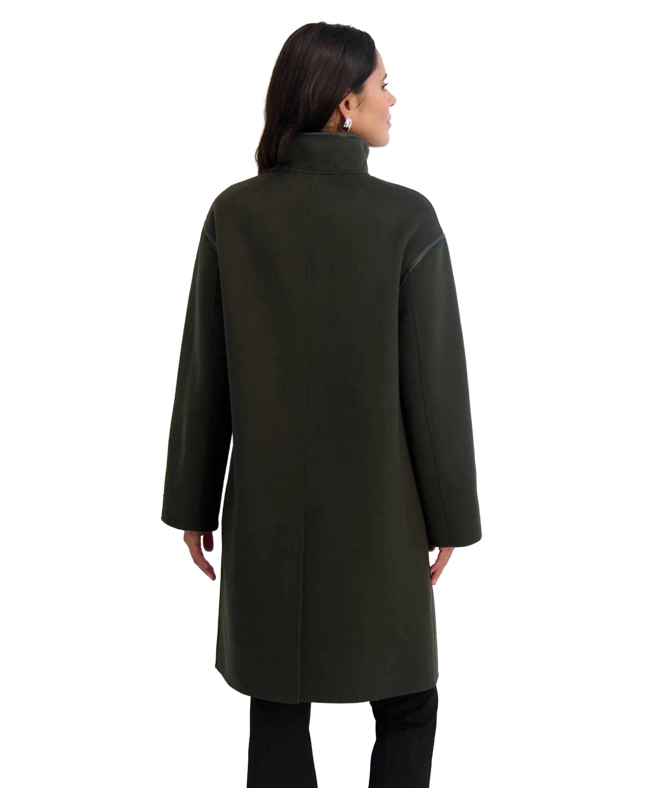 TAHARI Women's Sydney Soft Wool Topper Coat, Olive, Large | Relaxed Fit with Modern PU Trim thumbnail 3
