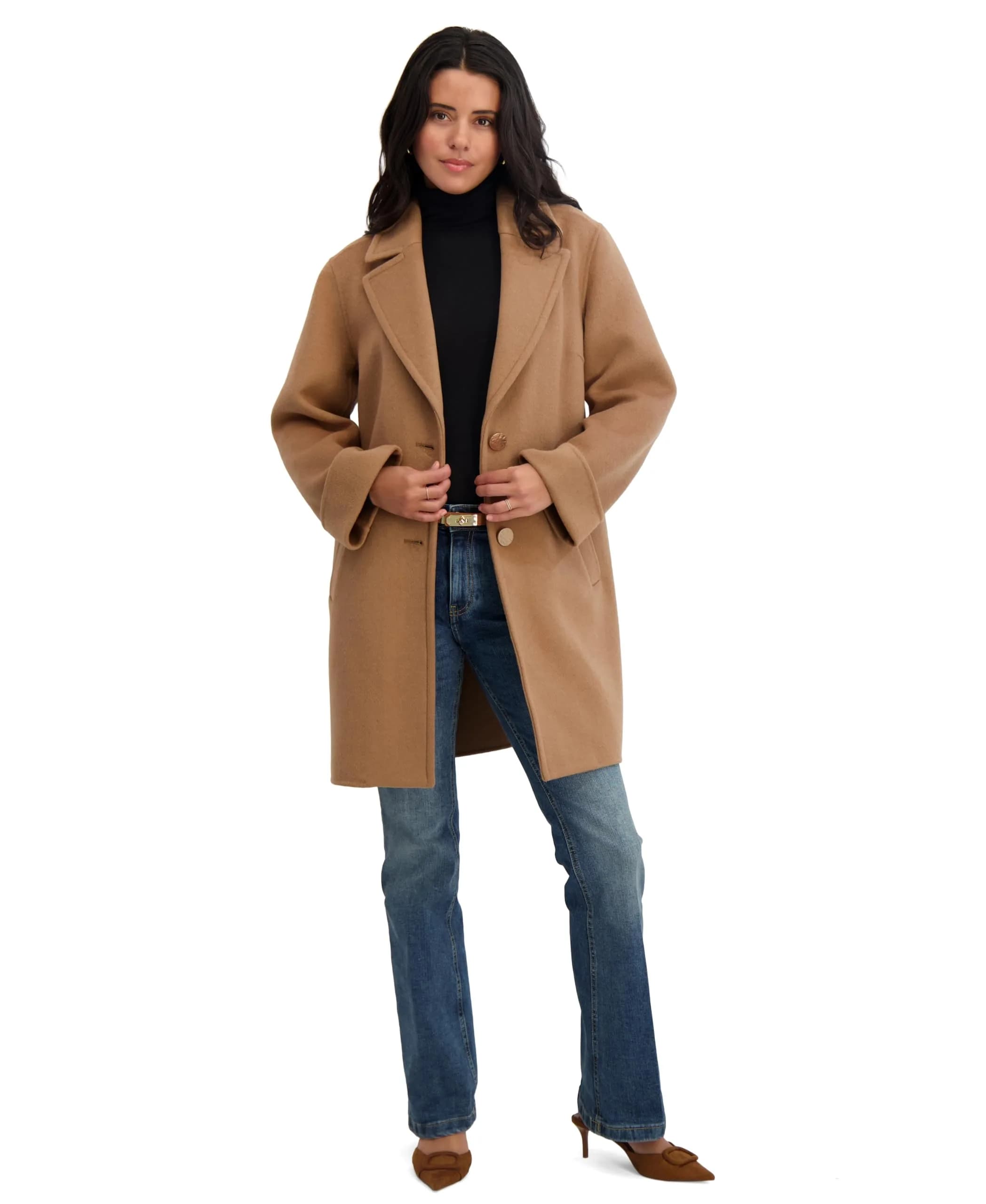 TAHARI Women's Sandra Wool Blend Topper Peacoat, Camel, Large | Classic Wool Peacoat with Notched Lapel & Roll Cuffs