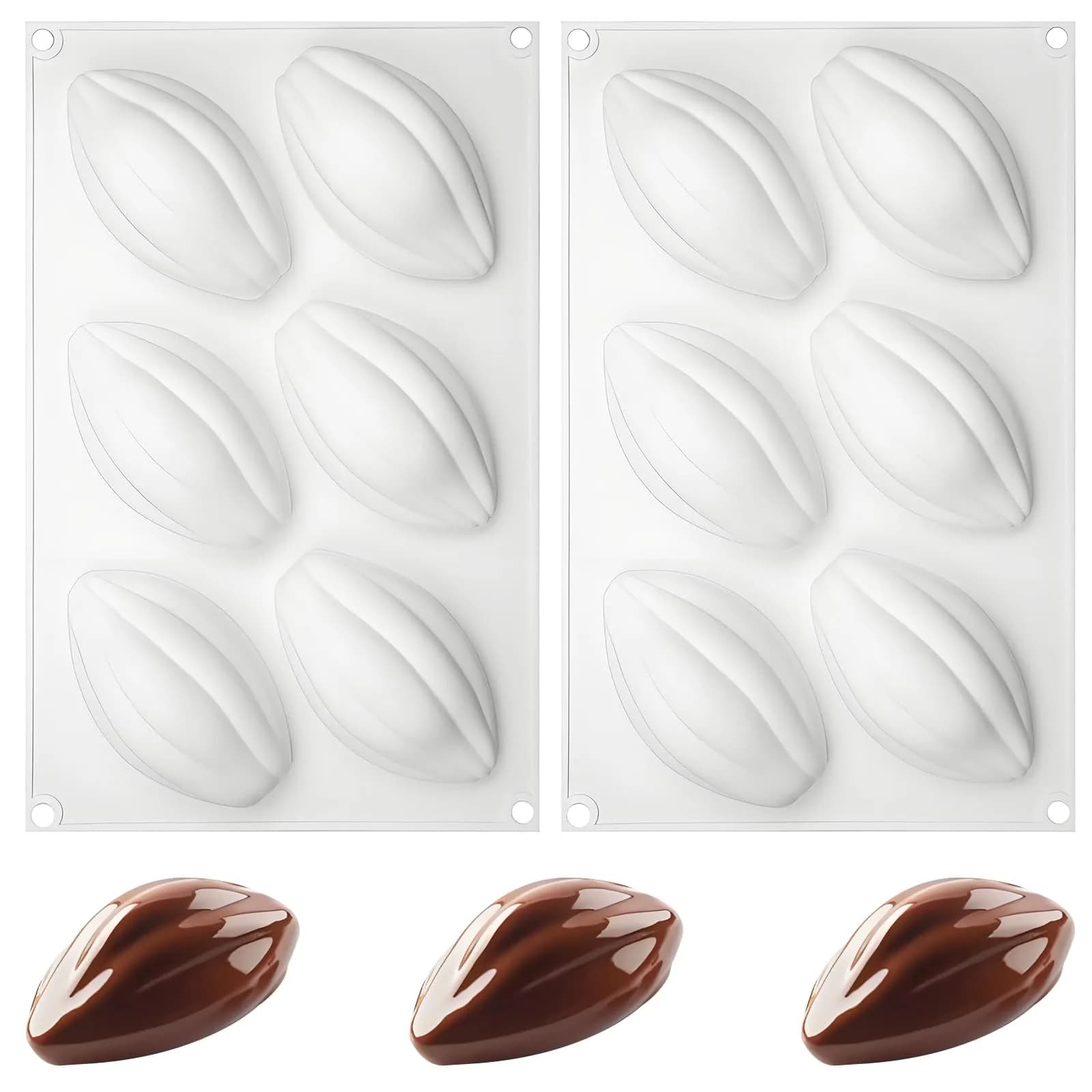 Fchil Silicone Cocoa Bean Mold 6-Cavity (2 Molds, 12 Cavities Total) | Professional Chocolate Candy Making — white-QY233