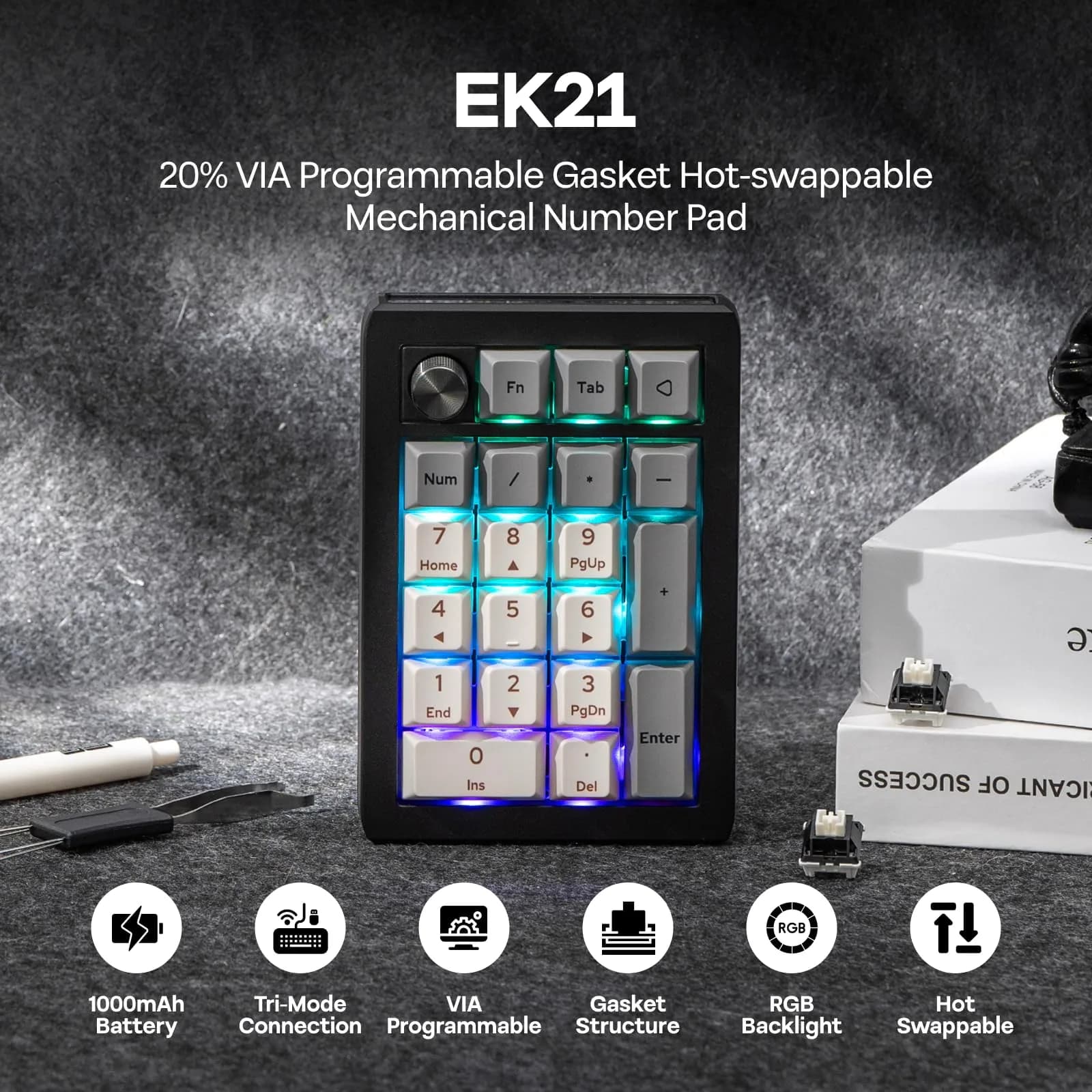 EPOMAKER EK21 VIA Gasket Numpad 20 Keys + Knob | Hot-Swappable Mechanical Keyboard with RGB Backlight & 1000mAh Battery - view 2