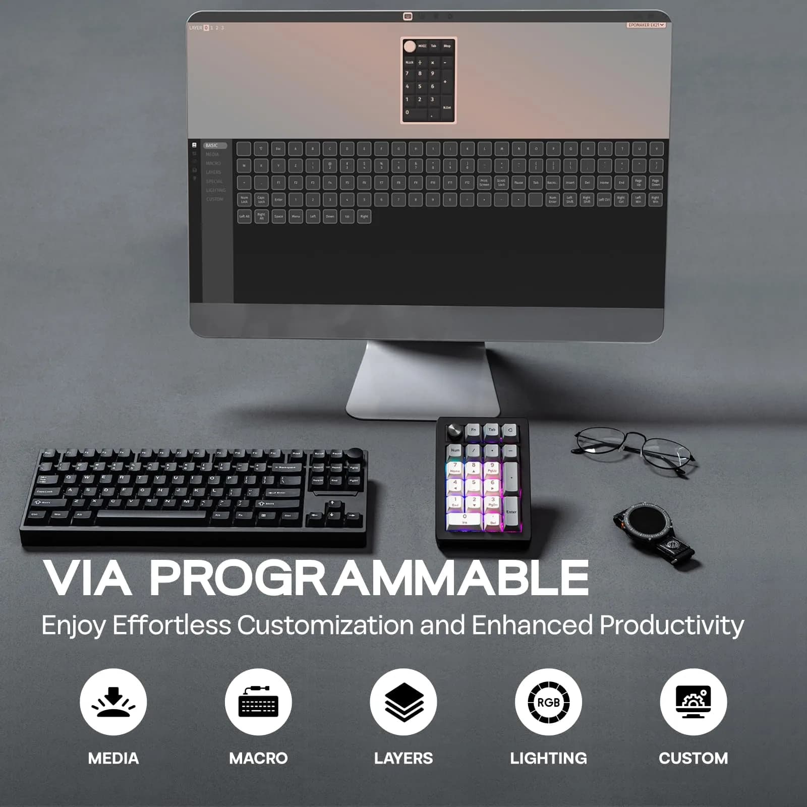 EPOMAKER EK21 VIA Gasket Numpad 20 Keys + Knob | Hot-Swappable Mechanical Keyboard with RGB Backlight & 1000mAh Battery - view 3