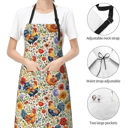 DZGlobal Colorful Apron for Women Cooking Baking BBQ Grilling (Chicken) | Waterproof, Adjustable, Large Pockets thumbnail 3
