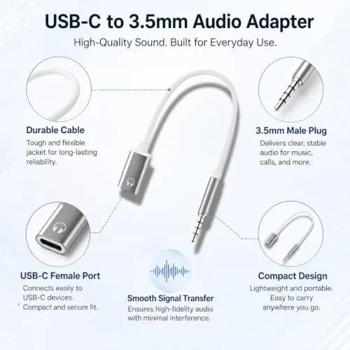 Tiosen 3.5mm Male to Type-C Female Audio Adapter Cable | White, Compatible with Smartphones, MP3 Players, Laptops, Tablets thumbnail 6