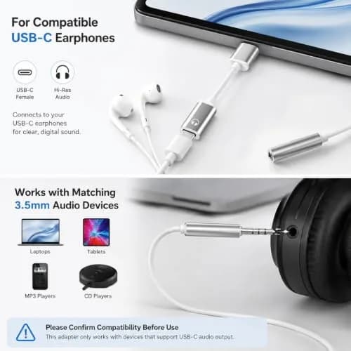 Tiosen 3.5mm Male to Type-C Female Audio Adapter Cable | White, Compatible with Smartphones, MP3 Players, Laptops, Tablets thumbnail 2