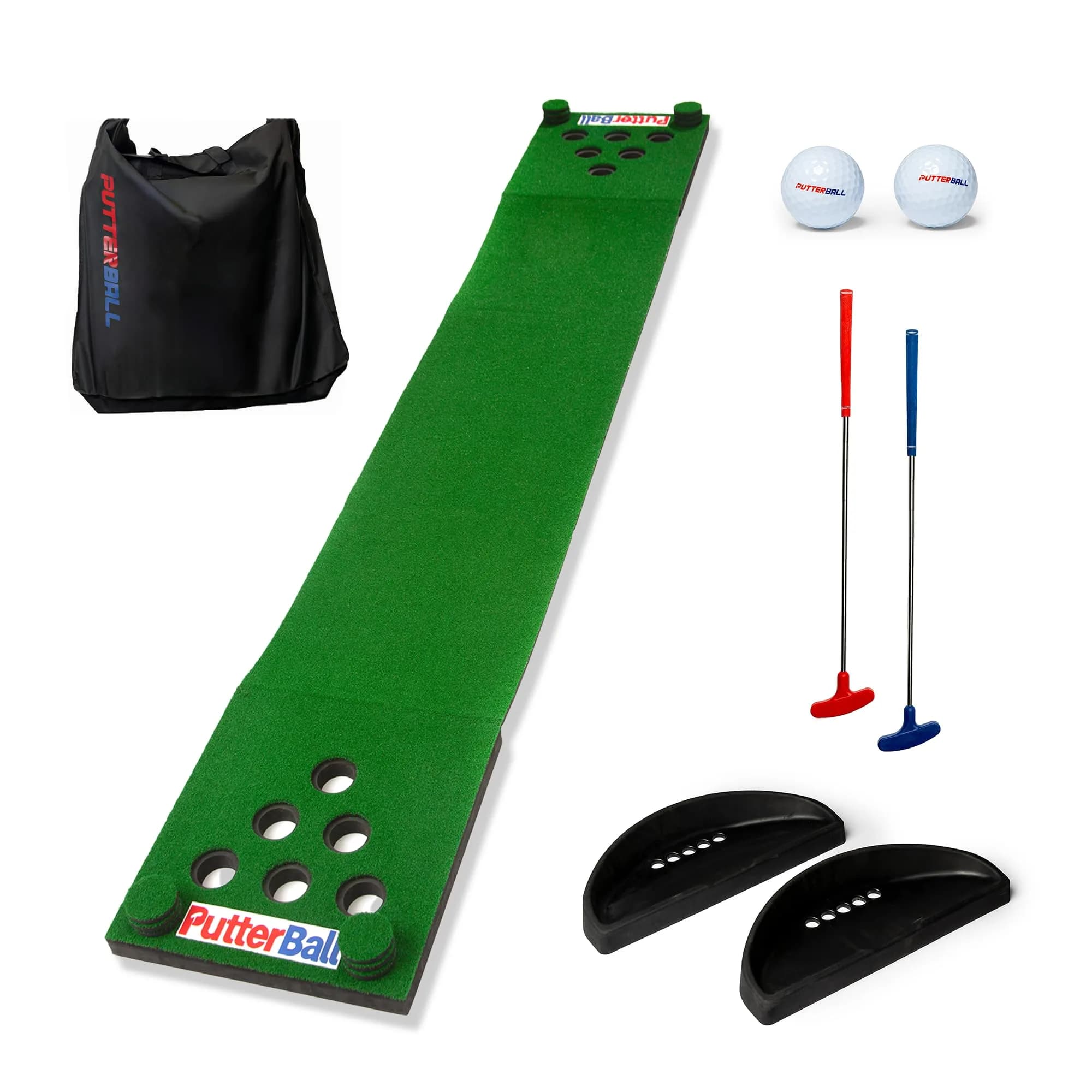 PutterBall Original Golf Putting Game Set – Backyard 12 ft Putting Green Pong Style Golf Mat with 2 Putters, 2 Balls & Hole Covers — Putterball w/ Catch Trays & Bag