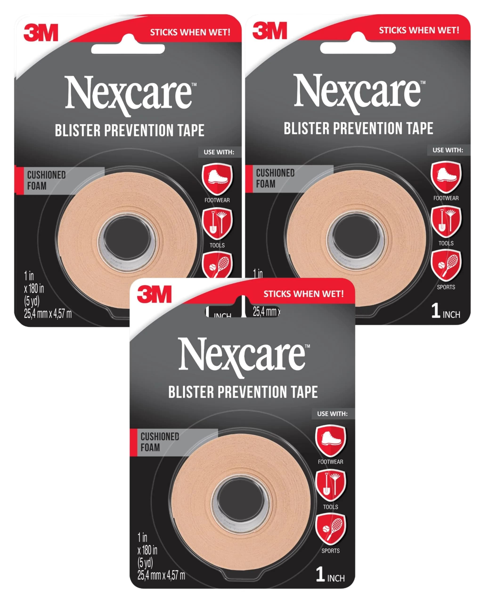 Nexcare Blister Prevention Tape 1 in x 5 yds (2.54 cm x 4.57 m) | Waterproof Foam Medical Tape for Feet, Heels, Toes, Fingers — Tan