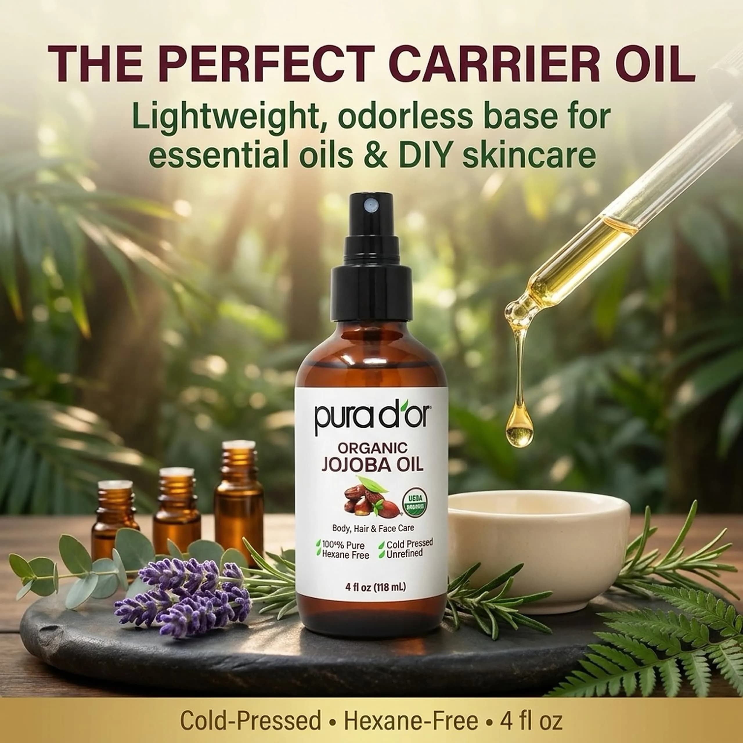 PURA D'OR Organic Jojoba Oil 118ml (4 Fl Oz) | USDA Certified Pure Natural Moisturizer for Skin, Hair, Body, Face & Nails - view 5