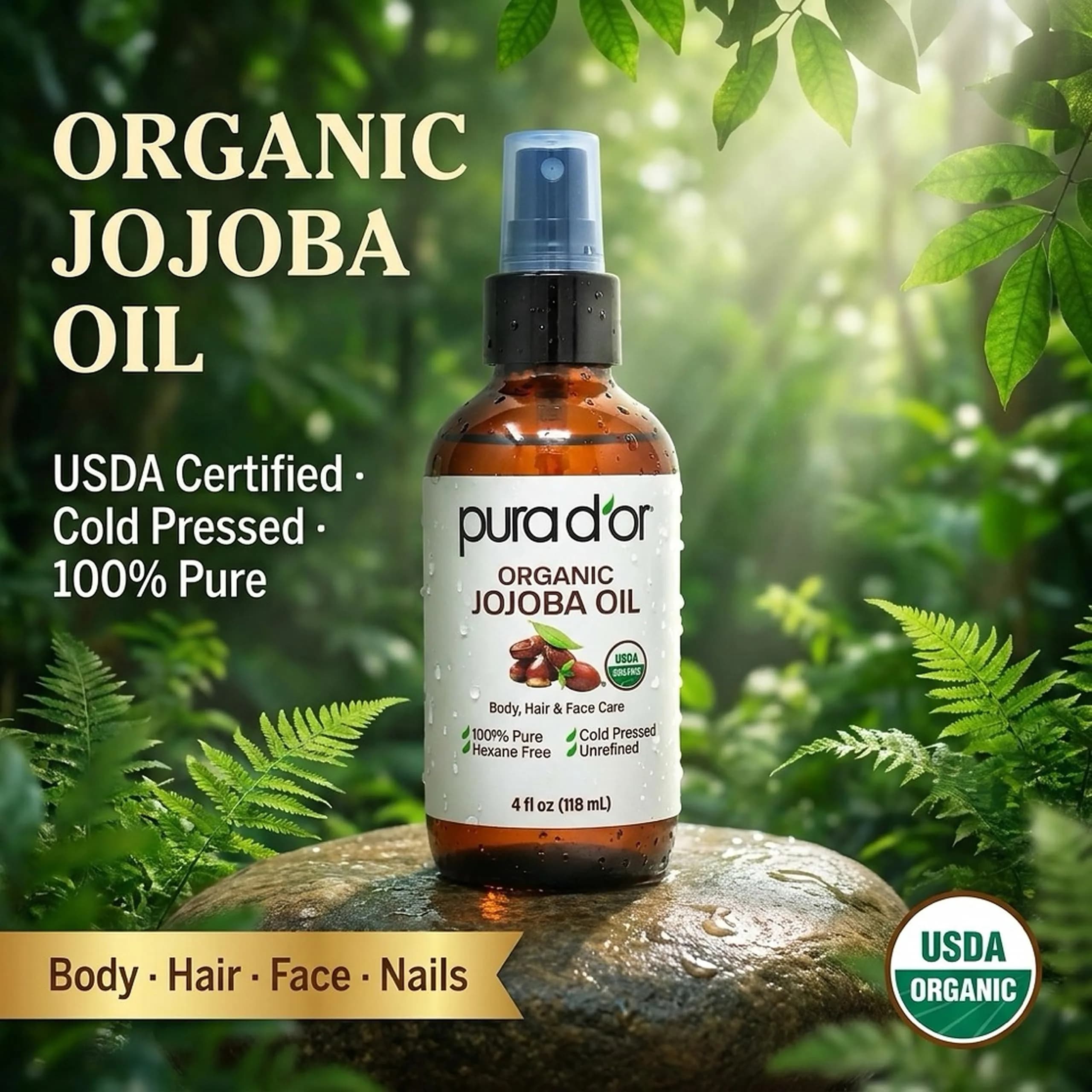 PURA D'OR USDA Organic Jojoba Oil 4 Fl Oz - 4 Count Pack | Cold-Pressed Virgin Treatment for Hair, Skin, Scalp & Nails - view 2