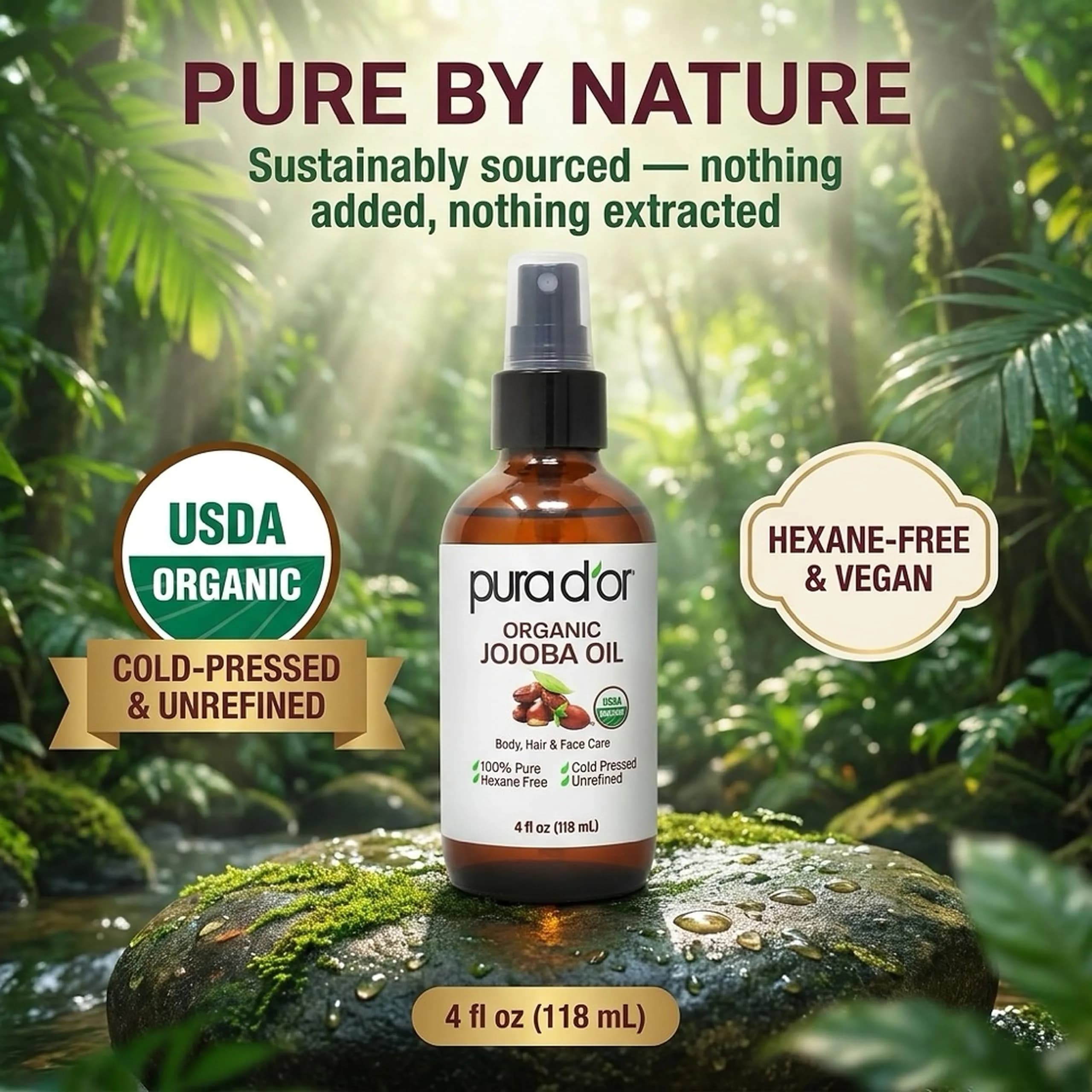 PURA D'OR USDA Organic Jojoba Oil 4 Fl Oz - 4 Count Pack | Cold-Pressed Virgin Treatment for Hair, Skin, Scalp & Nails - view 3