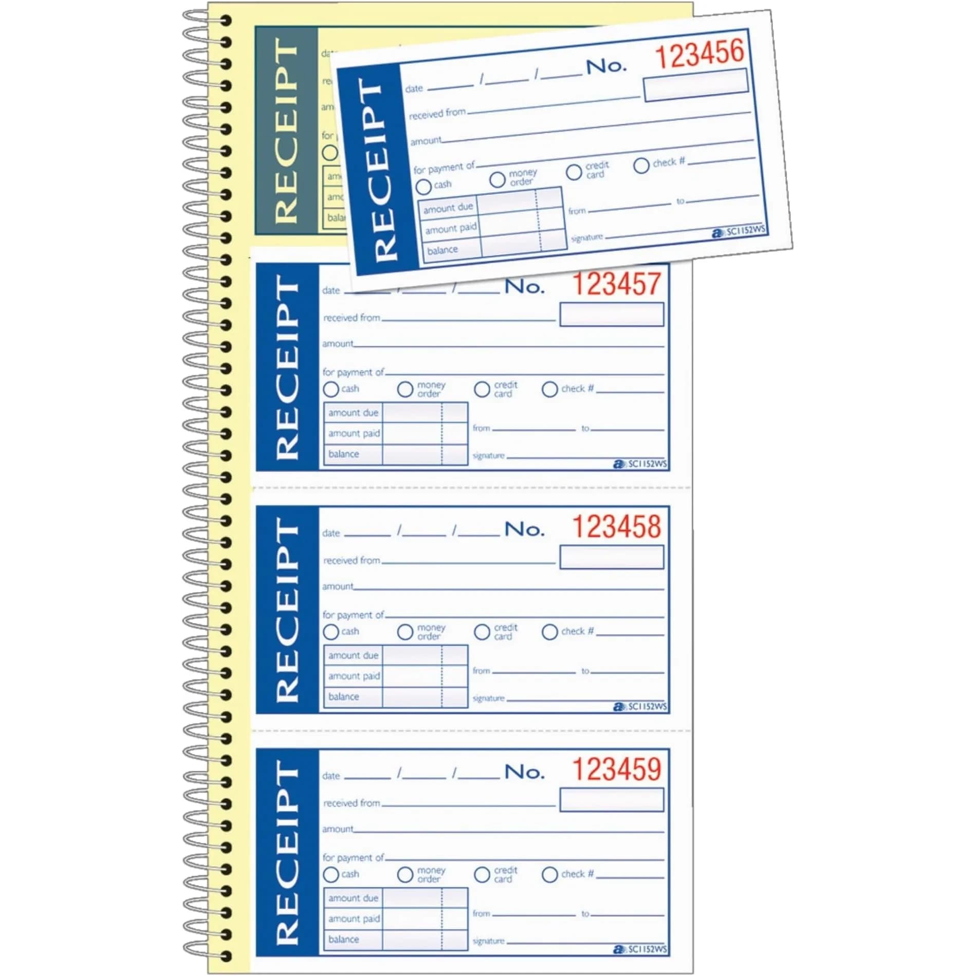 Adams Write 'n Stick Receipt Book, 2-Part, Carbonless, White/Canary, 5.25" x 11" (13.3cm x 27.9cm), Pack of 12 Books | Spiral Bound, 200 Sets per Book — Pack of 12