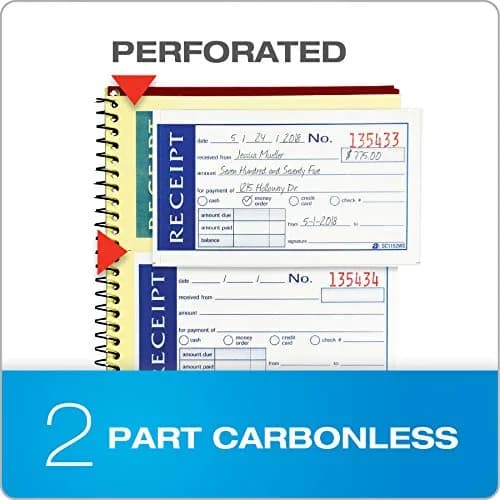 Adams Write 'n Stick Receipt Book, 2-Part, Carbonless, White/Canary, 5.25" x 11" (13.3cm x 27.9cm), Pack of 12 Books | Spiral Bound, 200 Sets per Book thumbnail 4