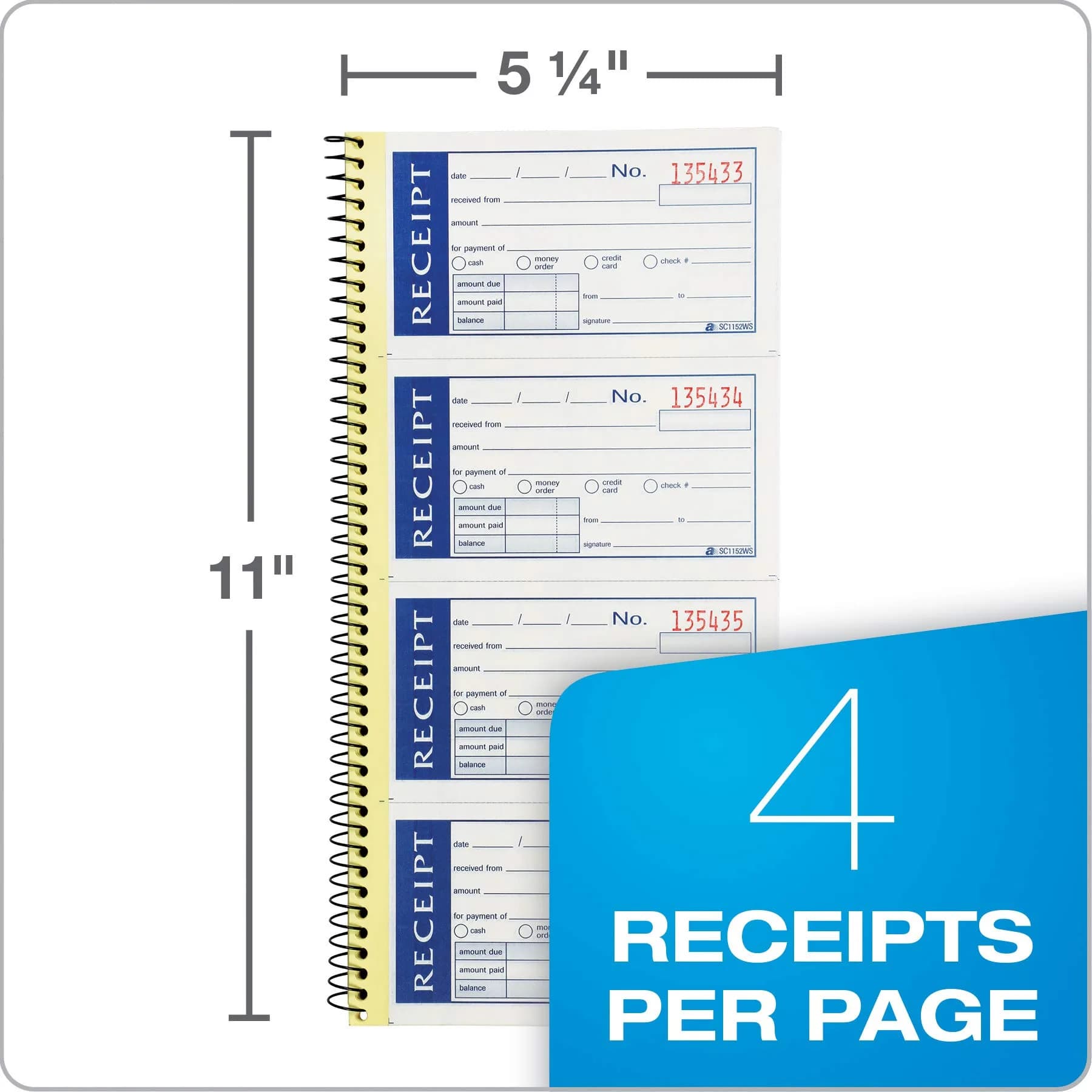 Adams Write 'n Stick Receipt Book, 2-Part, Carbonless, White/Canary, 5.25" x 11" (13.3cm x 27.9cm), Pack of 12 Books | Spiral Bound, 200 Sets per Book - view 7