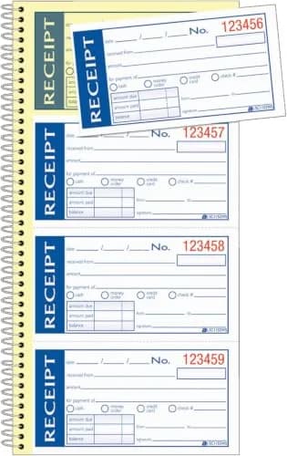 Adams Write 'n Stick Receipt Book, 2-Part, Carbonless, White/Canary, 5.25" x 11" (13.3cm x 27.9cm), Pack of 12 Books | Spiral Bound, 200 Sets per Book thumbnail 1