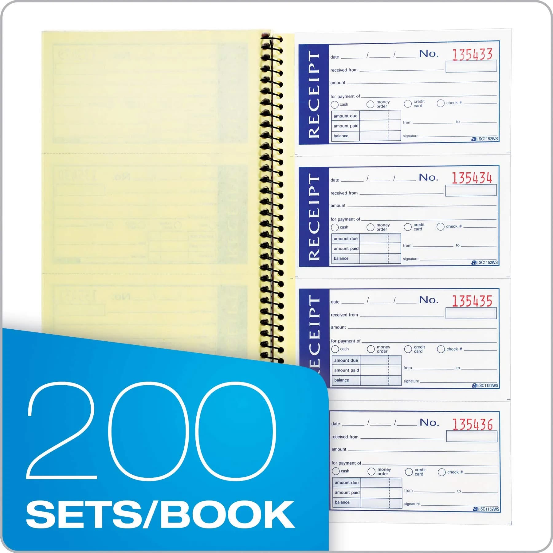 Adams Write 'n Stick Receipt Book, 2-Part, Carbonless, White/Canary, 5.25" x 11" (13.3cm x 27.9cm), Pack of 12 Books | Spiral Bound, 200 Sets per Book - view 3
