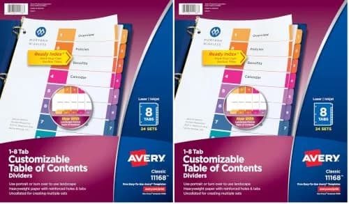 Avery Ready Index 8-Tab Dividers, Multicolor, 24 Sets of 8 Tabs (48 Total Sets) | Customizable Table of Contents for 3-Ring Binders thumbnail 1