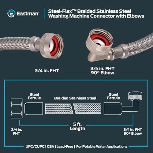 Eastman Braided Stainless Steel Washing Machine Hose Connectors with Elbows 1.52 m (5 ft) Pack of 2 | Full Flow, High Pressure, CSA Certified thumbnail 6