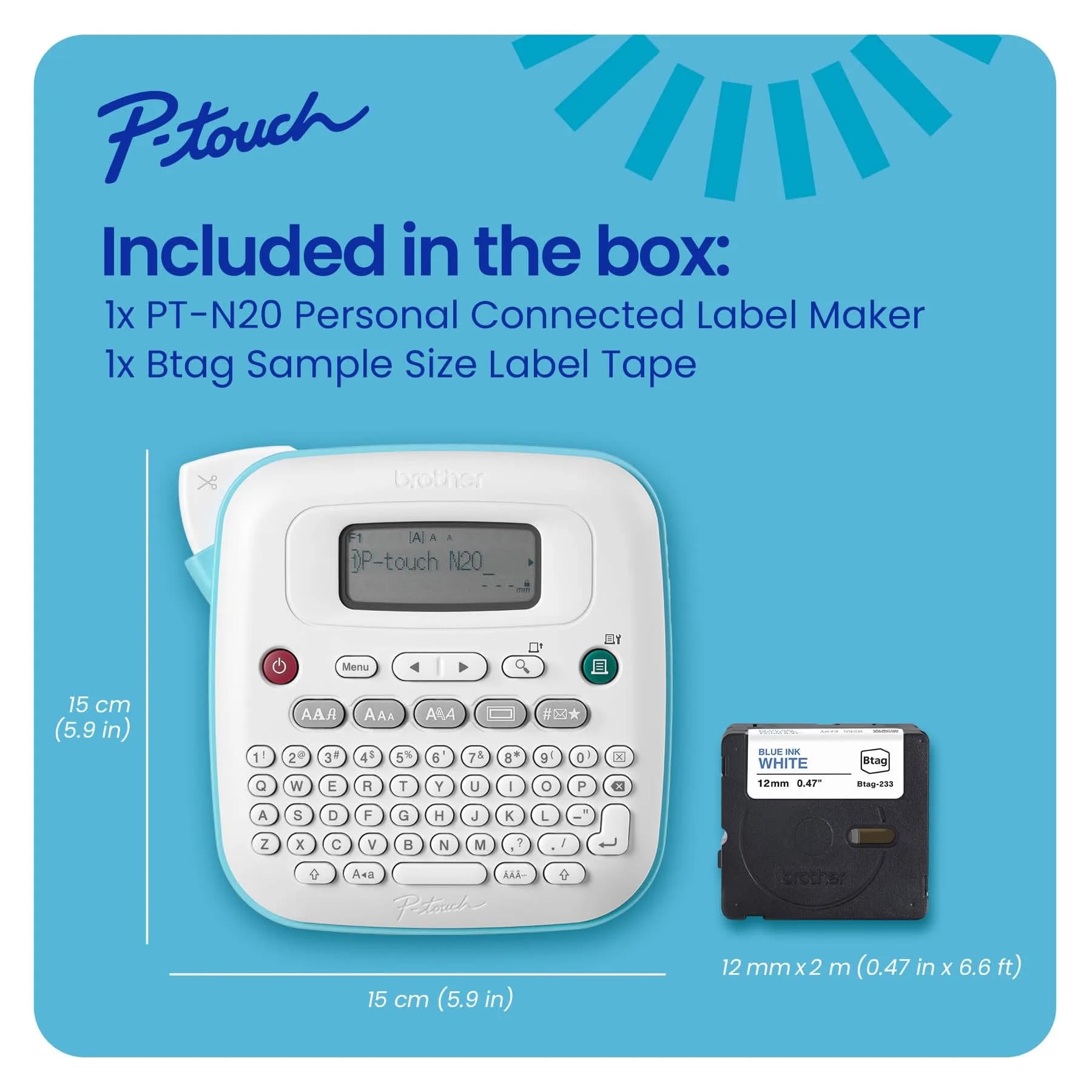 Brother P-Touch PT-N20 Personal Label Maker, Portable, Handheld & Prints, Btag Label Tapes (Pack of 3) - view 2
