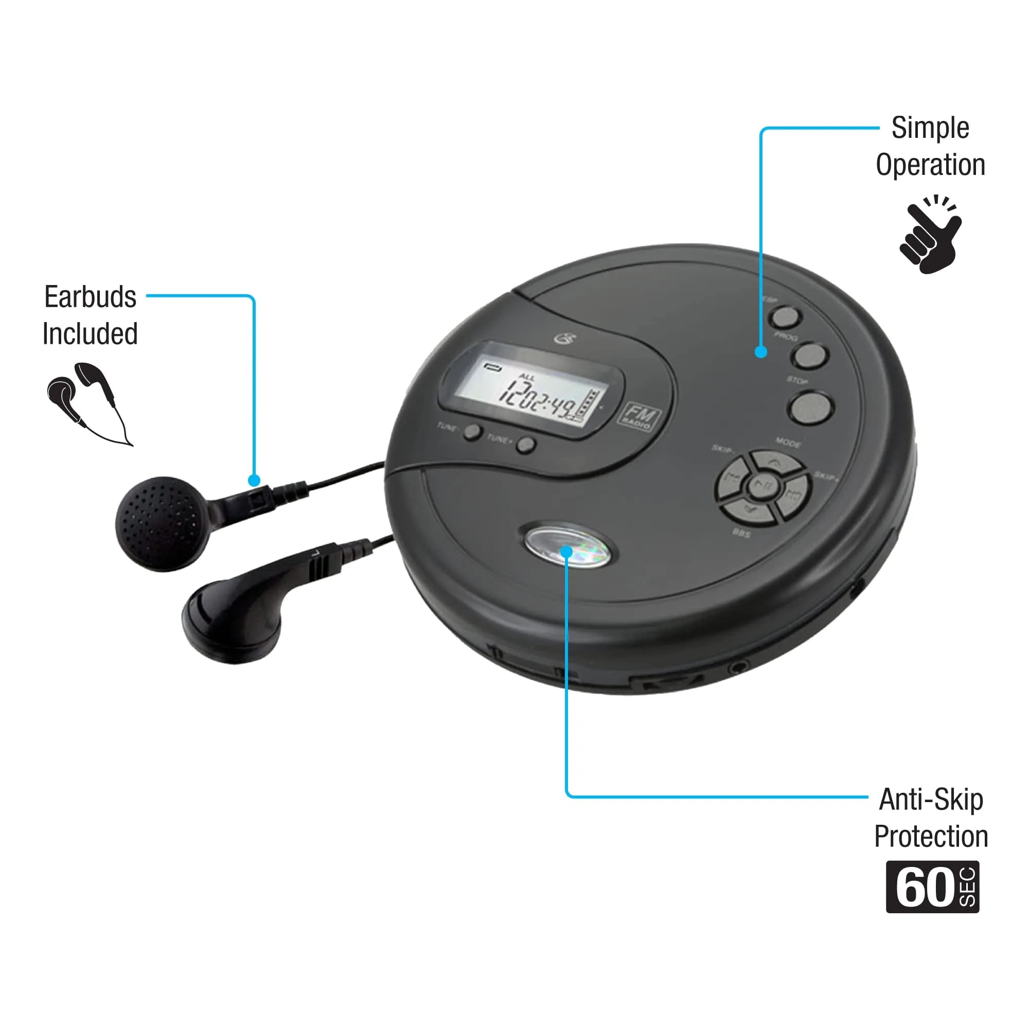 GPX PC332B Portable CD Player with FM Radio & Earbuds - Black, Pack of 6 | 18.79cm (7.4in) x 15.49cm (6.1in) x 4.7cm (1.85in) - view 2