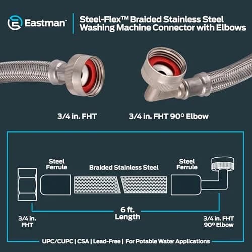 Eastman 6 ft Washing Machine Hose Connectors with Elbows, 3/4 in FHT x 3/4 in FHT, Braided Stainless Steel, 41066 (Pack of 24) | 213.36 m (720 ft) Total Length thumbnail 6