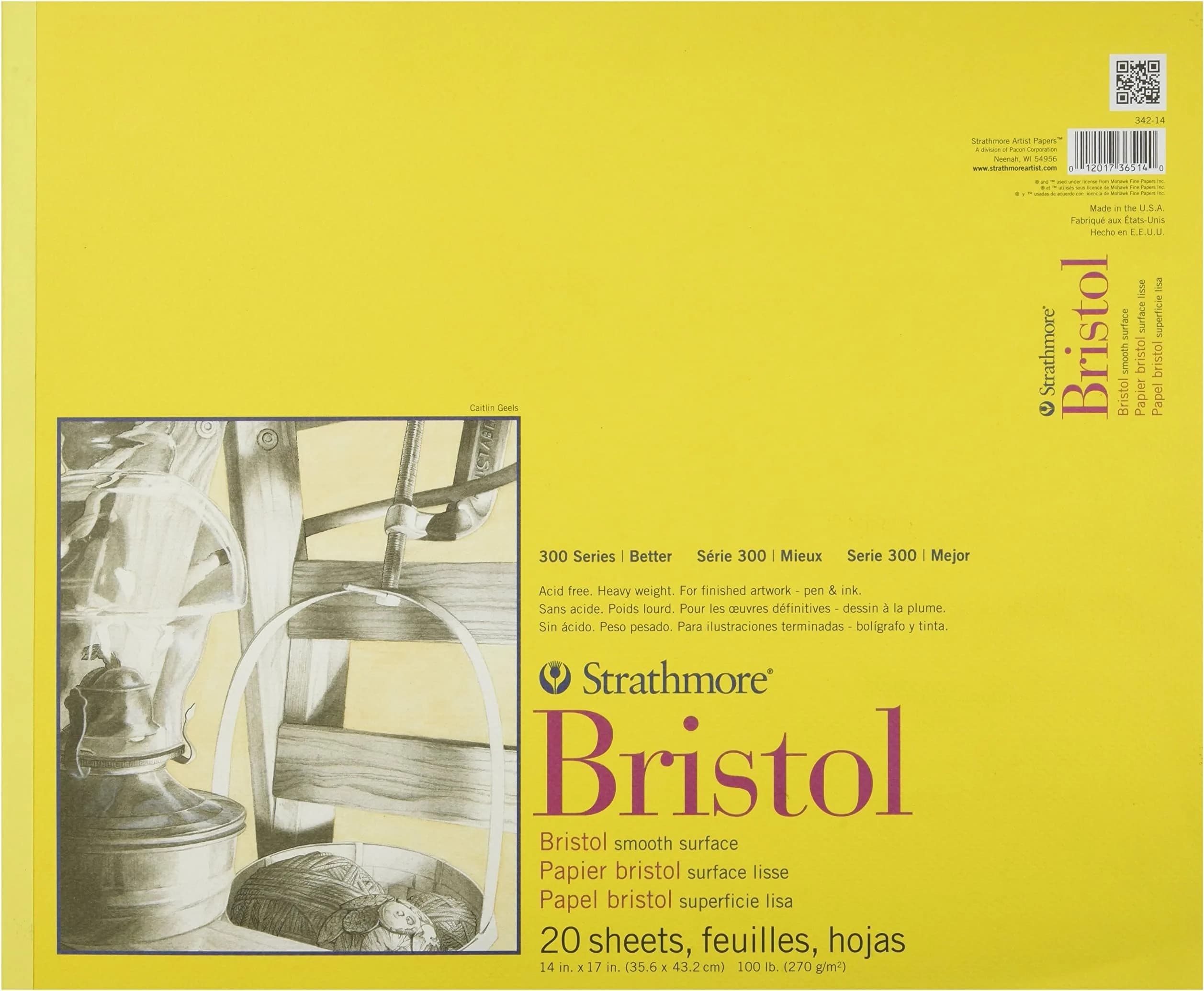 Strathmore 300 Series Bristol Paper Pad, Smooth Finish, 14x17 Inches, 20 Sheets, White - main product image