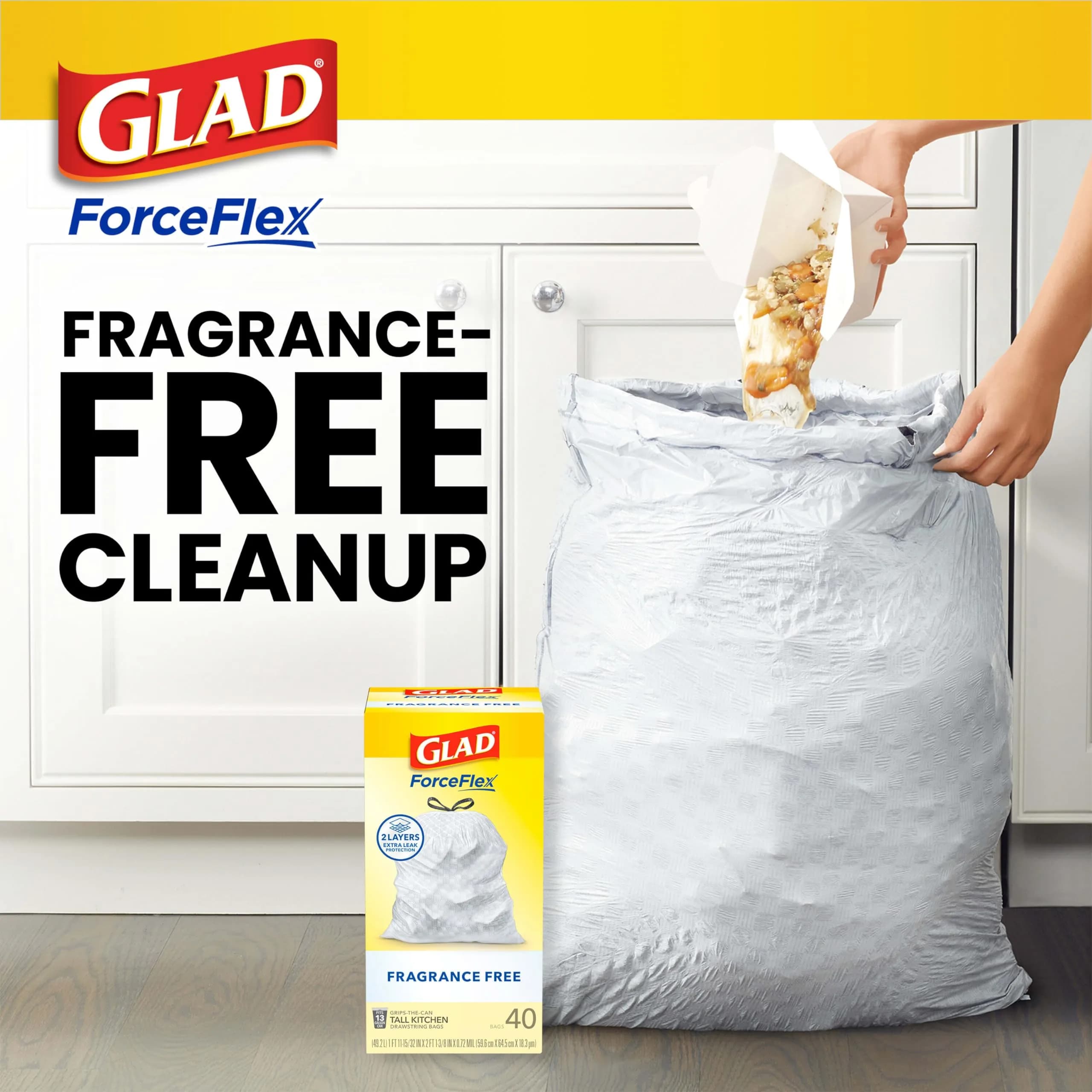 Glad ForceFlex Tall Kitchen Drawstring Trash Bags, 13 Gal, Fragrance Free (240 Count) | USA Import with Dual Layer Protection - view 3
