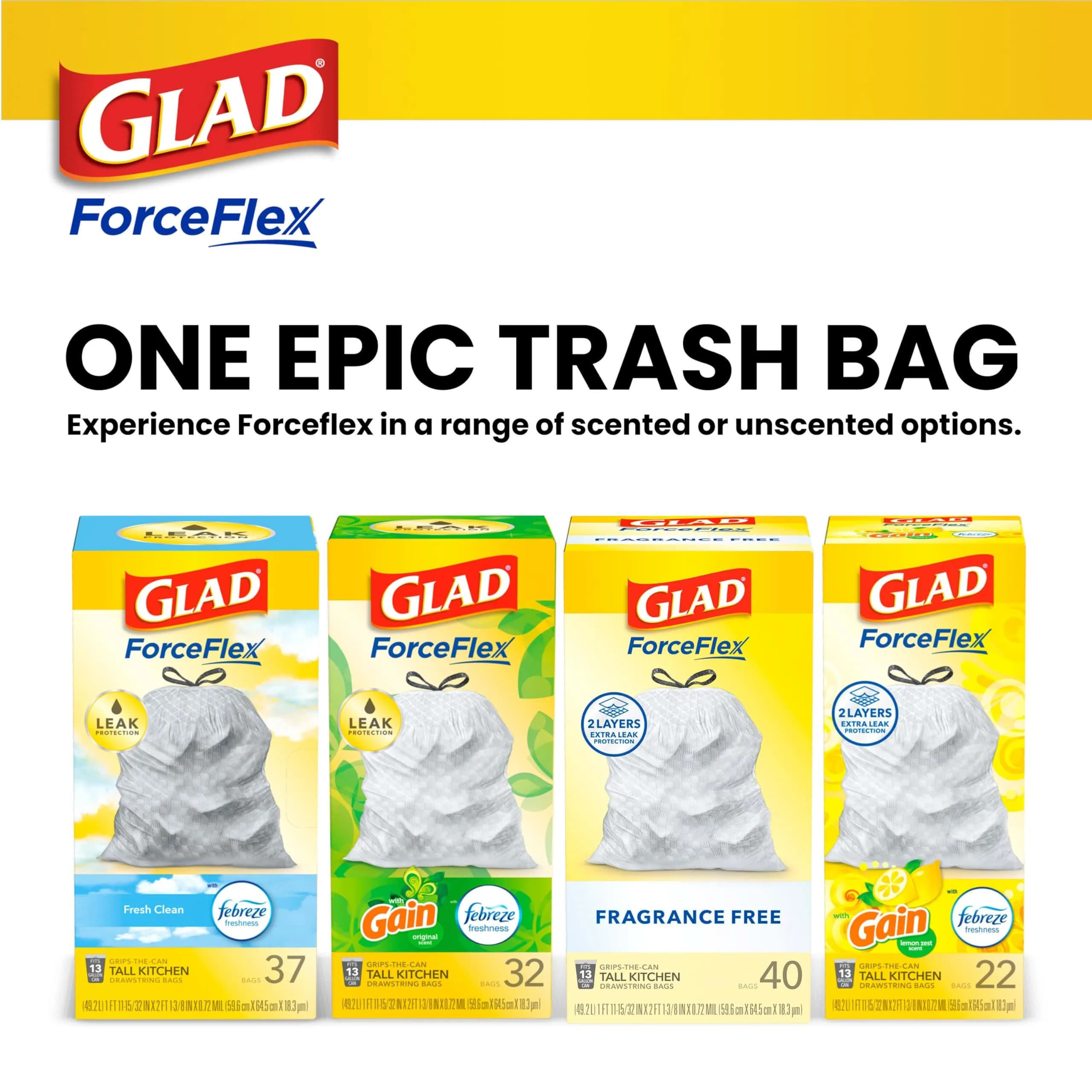 Glad ForceFlex Tall Kitchen Drawstring Trash Bags, 13 Gal, Fragrance Free (240 Count) | USA Import with Dual Layer Protection - view 9