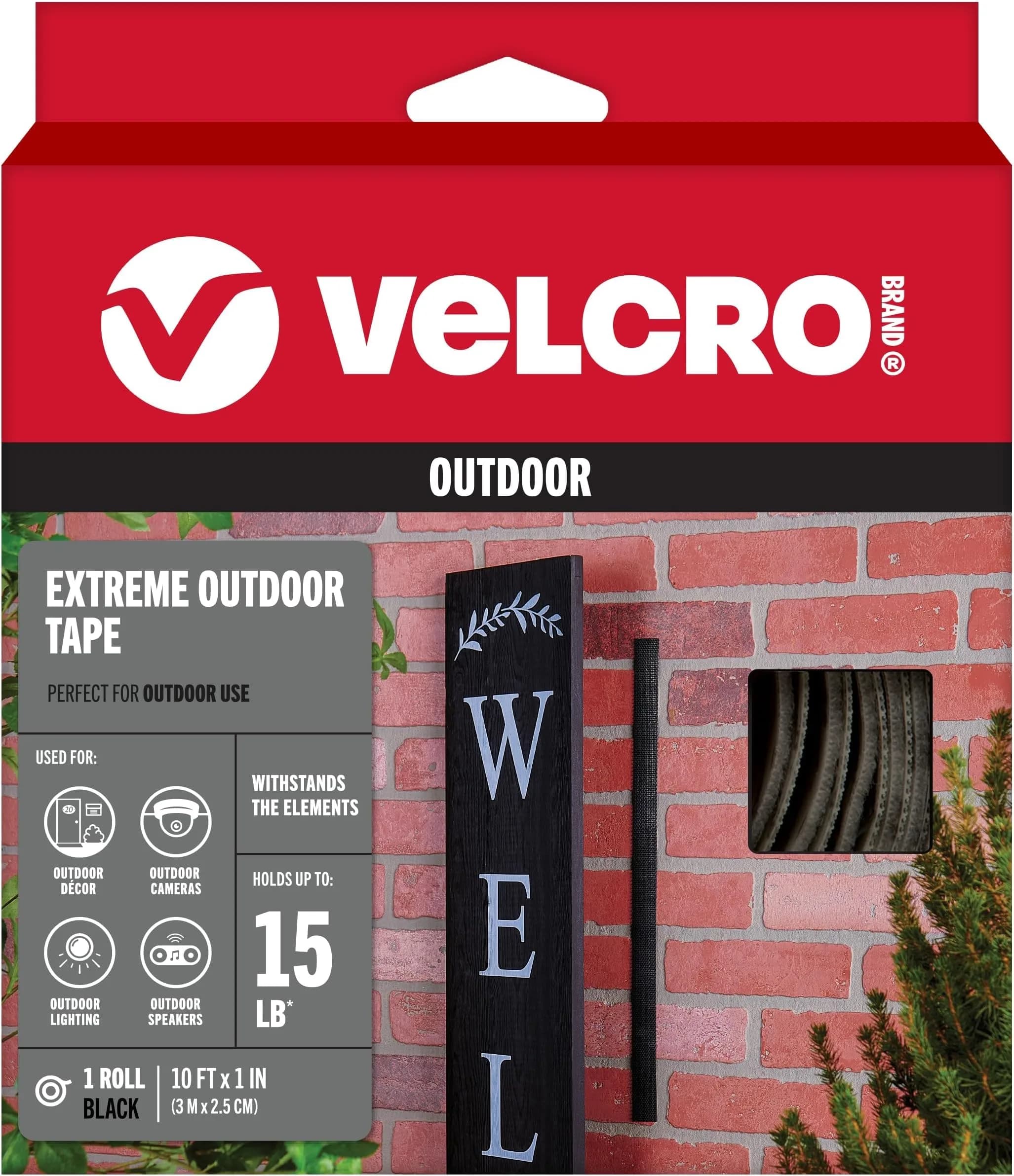 VELCRO Brand Extreme Outdoor Tape, Black | Heavy Duty Weather-Resistant 10ft Roll — Black