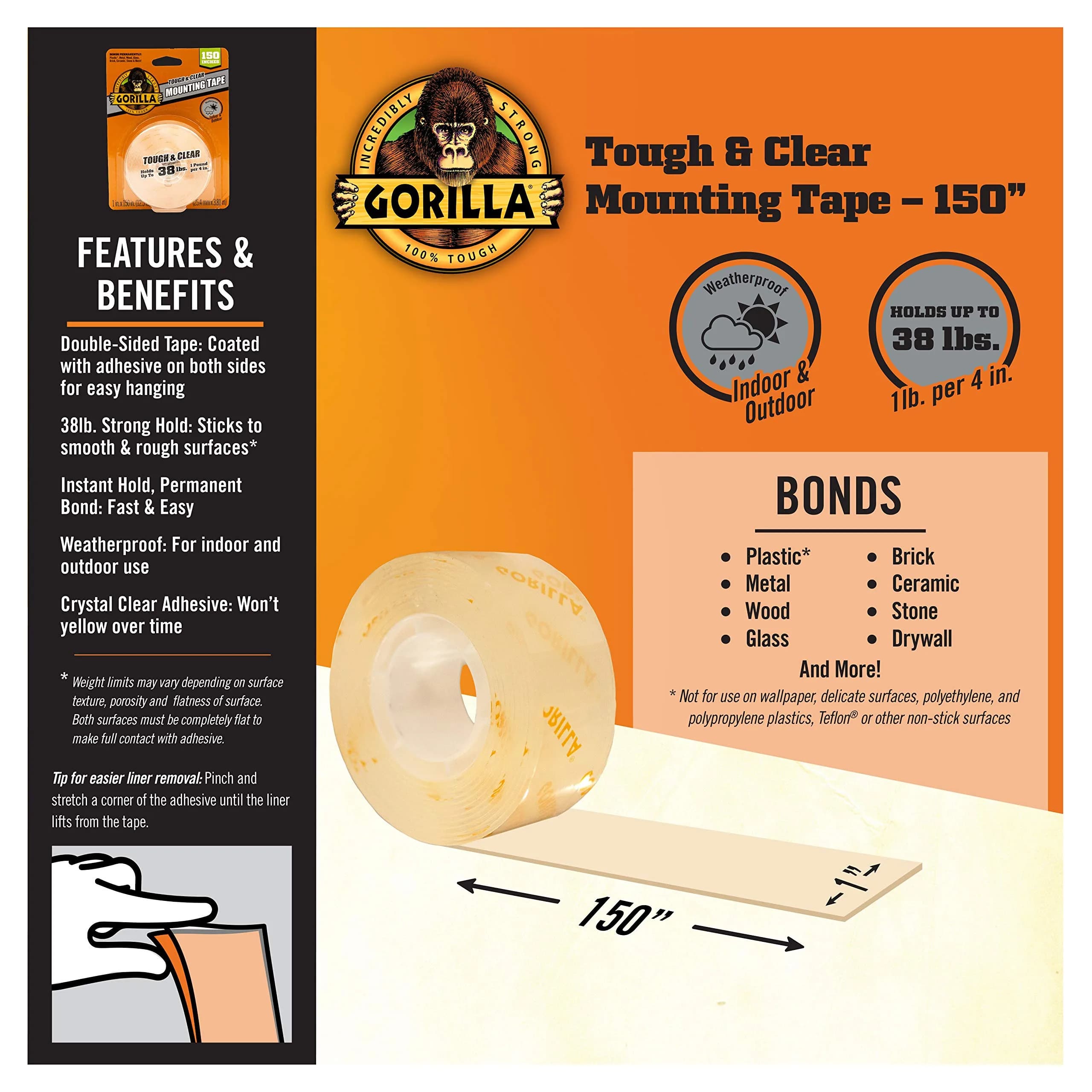 Gorilla Tough & Clear Double Sided Mounting Tape, Clear, 1" x 150" (Pack of 6) | Heavy Duty Weatherproof Adhesive - view 2
