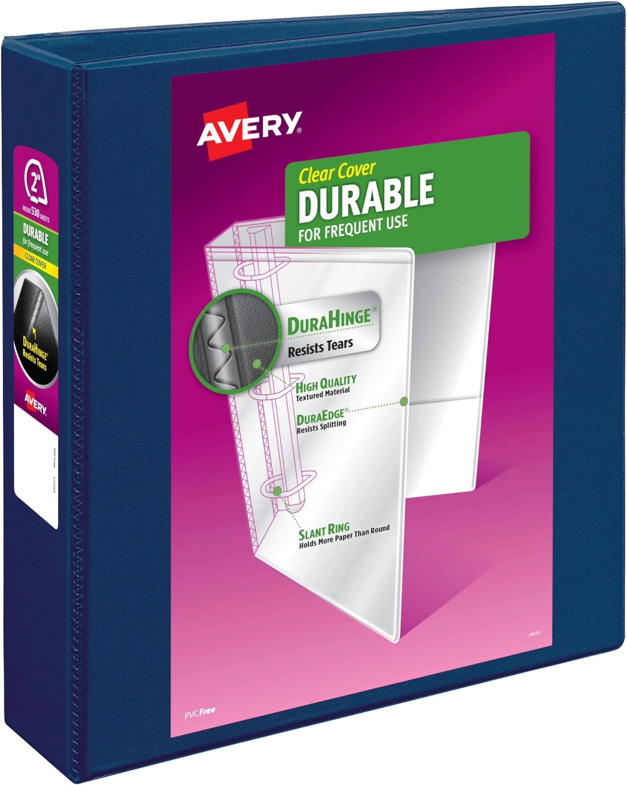 Avery Durable View 3 Ring Binder, 2" Slant Rings, 530 Sheets, Navy Blue | Tear-Resistant Spine & Edges — Pack of 6