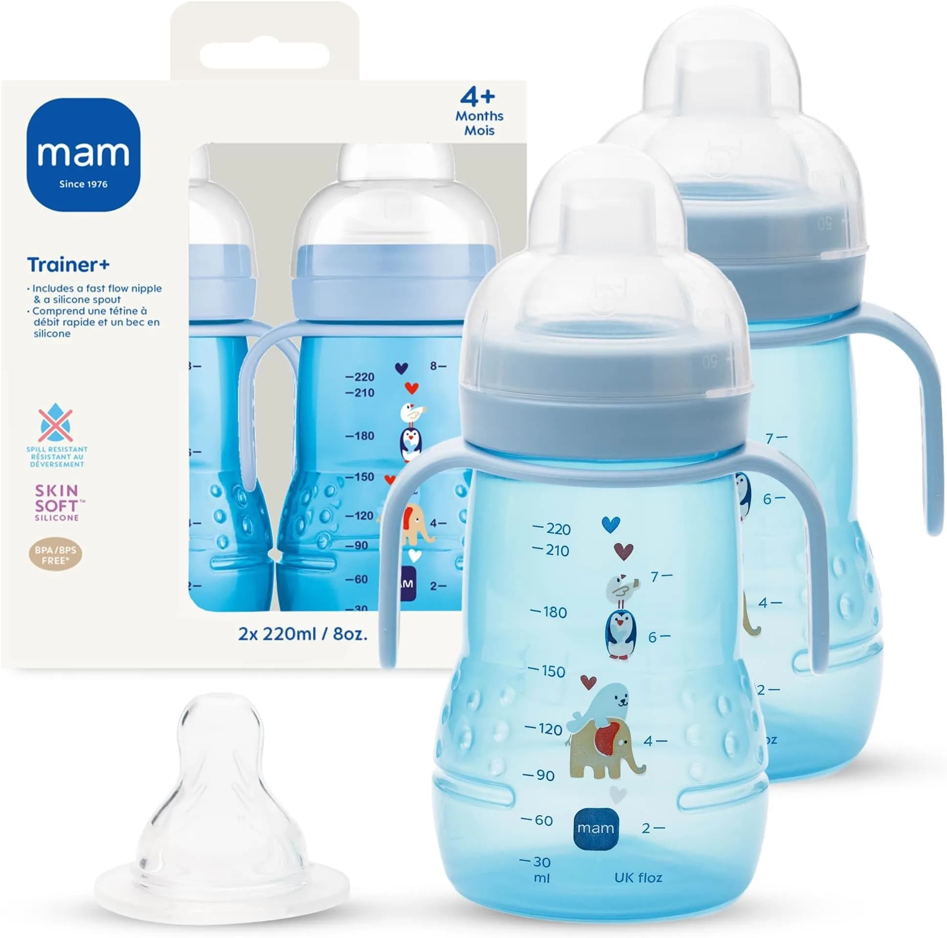 MAM Trainer Sippy Cup for Toddlers 1-3 Years, 240ml (8 oz) | Spill-Free Nipple & Non-Slip Handles — Blue