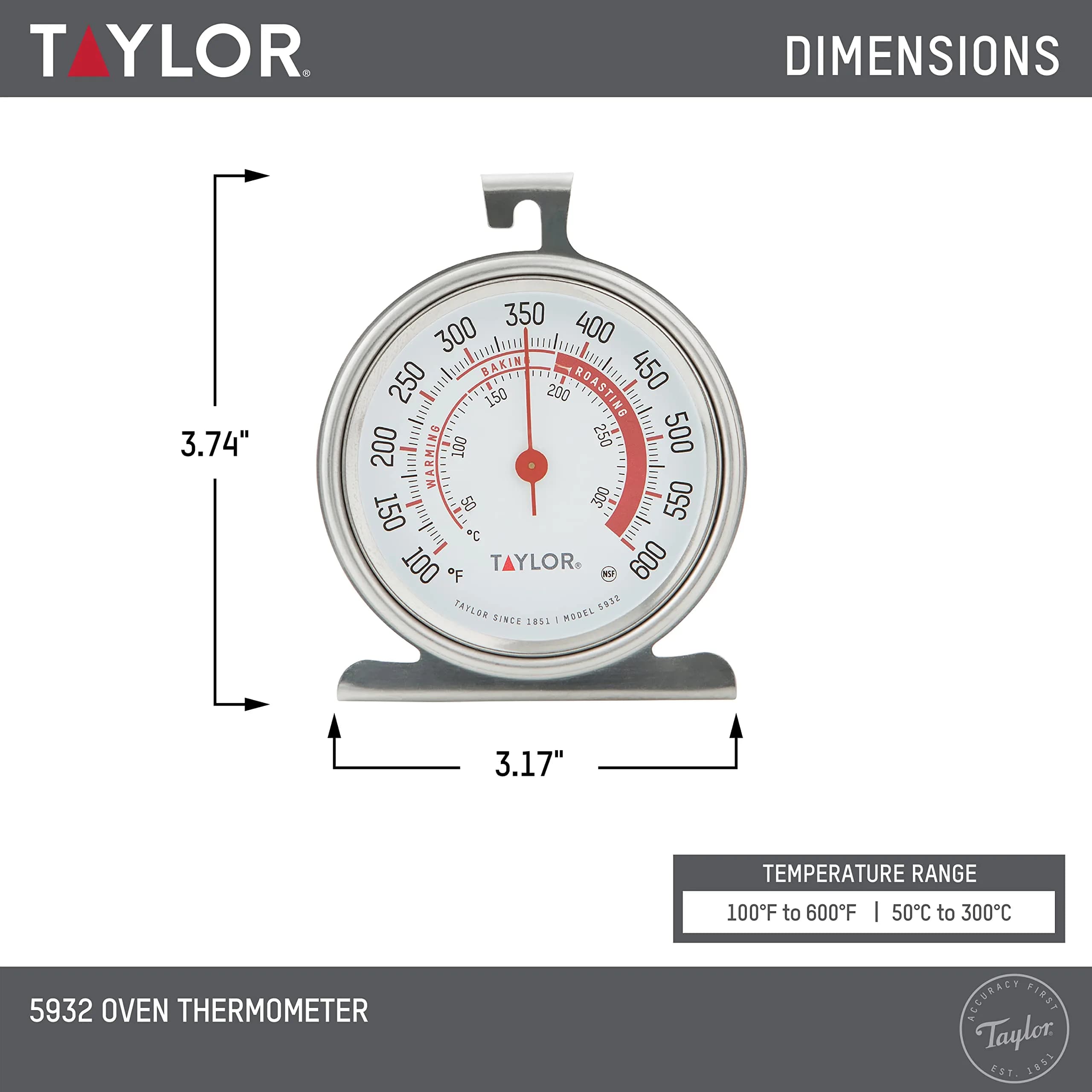 Taylor 5932 Large Dial Oven Thermometer, 3.25 Inch Stainless Steel Kitchen Cooking Thermometer for Oven, BBQ, Grill, Roasting, High Heat Resistance, Silver (Pack of 12) - view 3