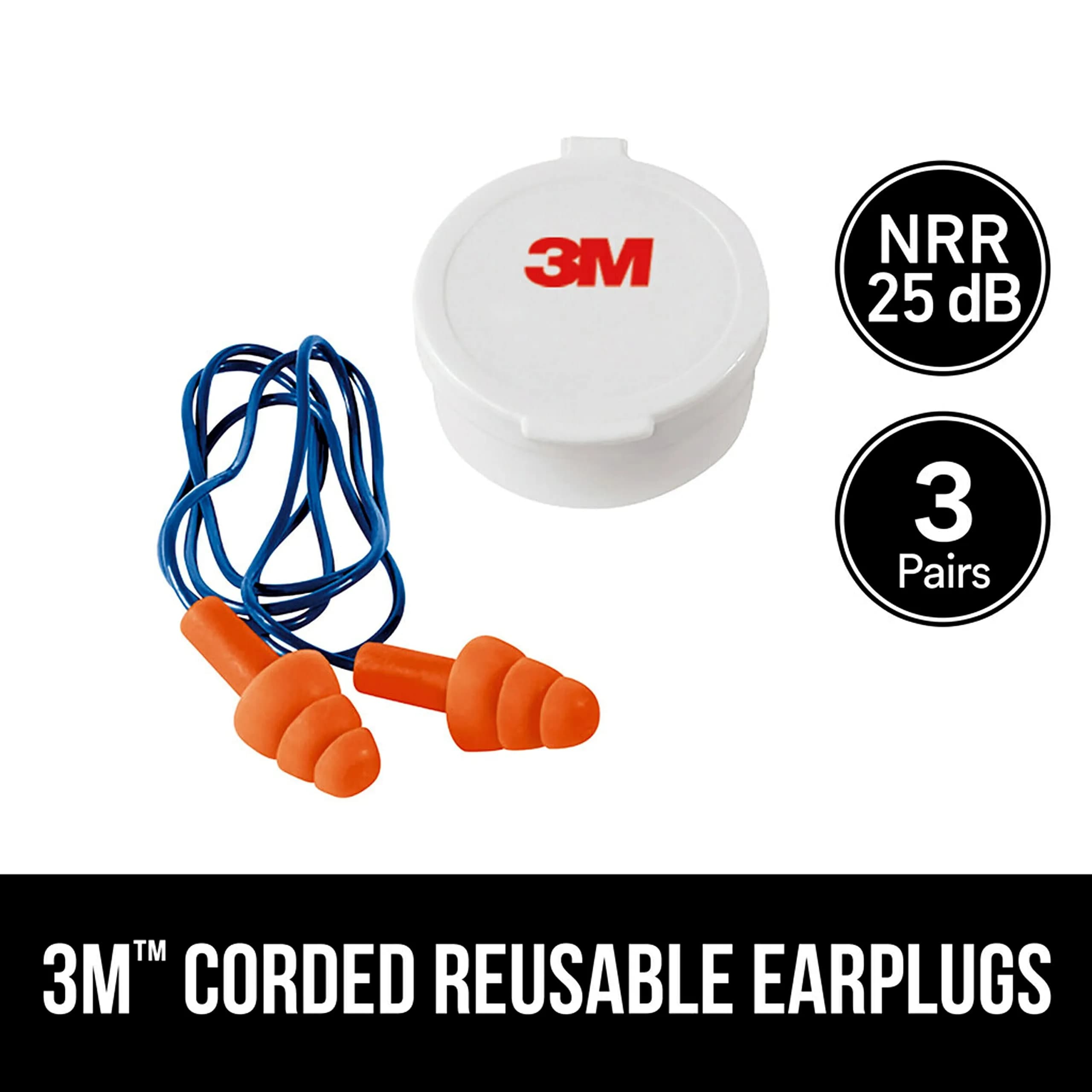 3M Corded Reusable Earplugs, Noise Reduction Rating 25 dB, Tri-Flange Design, 30 Pairs (Pack of 10) | Washable & Reusable Hearing Protection - view 2