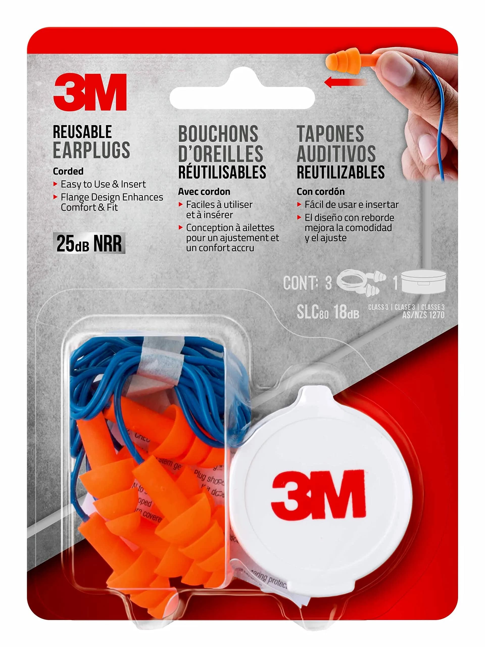 3M Corded Reusable Earplugs, Noise Reduction Rating 25 dB, Tri-Flange Design, 30 Pairs (Pack of 10) | Washable & Reusable Hearing Protection - view 4