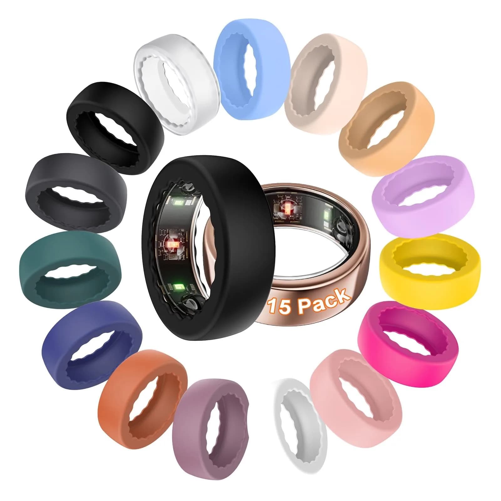 BO&DQQ 15 Pack Ultra-Thin Silicone Covers for Oura Ring Gen 4/4 Ceramic/3 | Precise Sensor Fit & Waterproof — Gen 4/3 (Size 5/6/7/8/9)