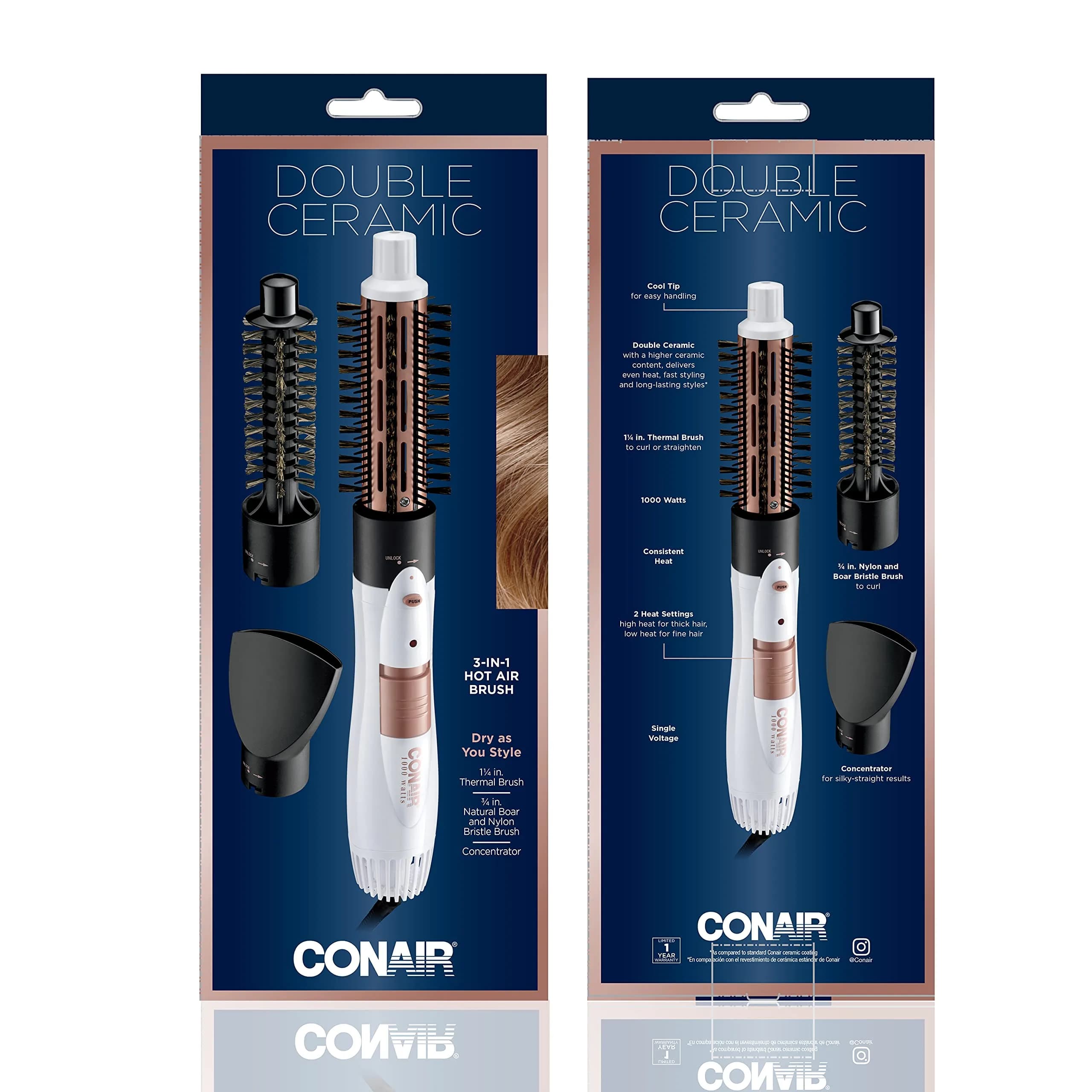 Conair Double Ceramic 3-in-1 Hot Air Brush with 4 Interchangeable Attachments | 1000W Styling Tool for Curls & Straight Styles - view 6