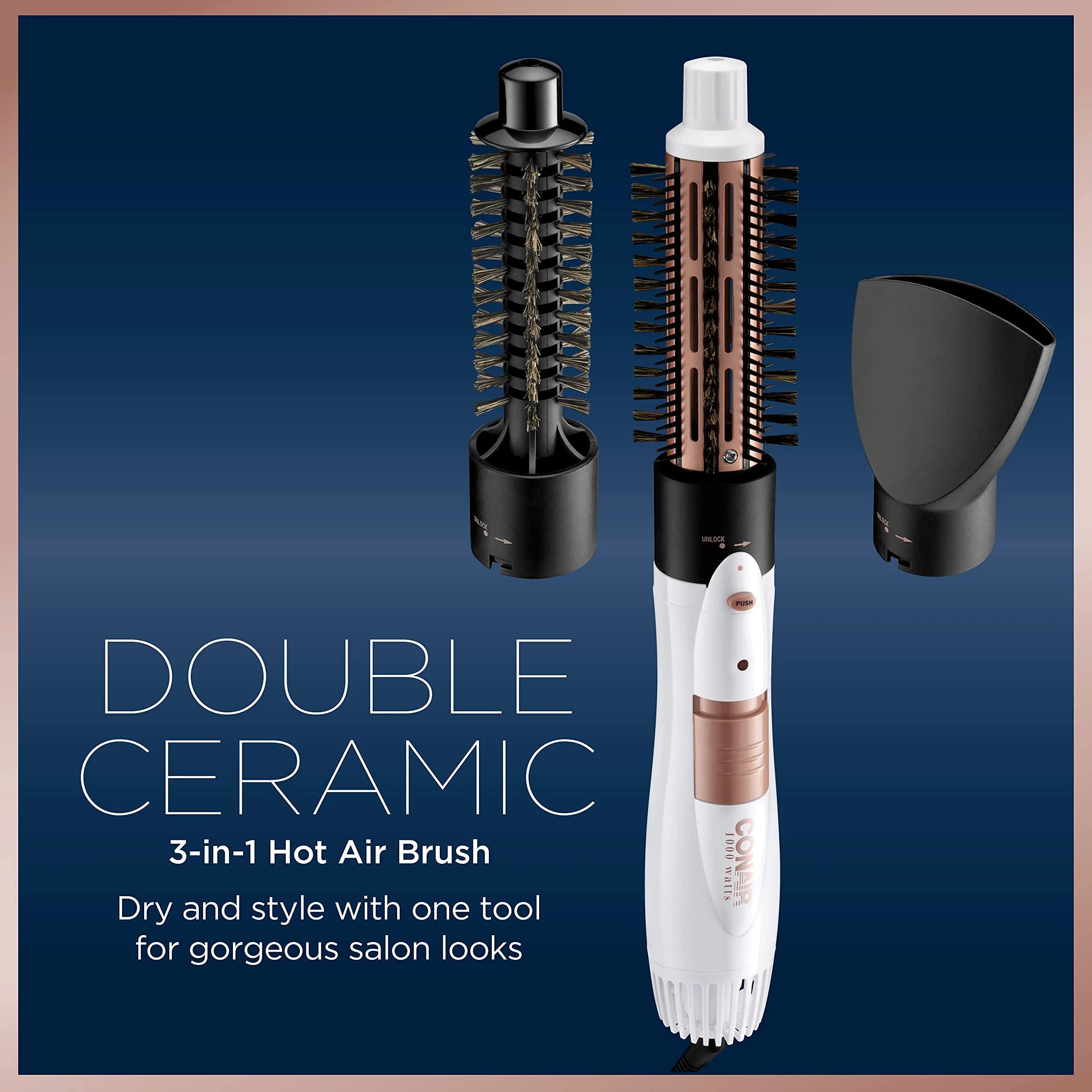 Conair Double Ceramic 3-in-1 Hot Air Brush with 4 Interchangeable Attachments | 1000W Styling Tool for Curls & Straight Styles - view 2