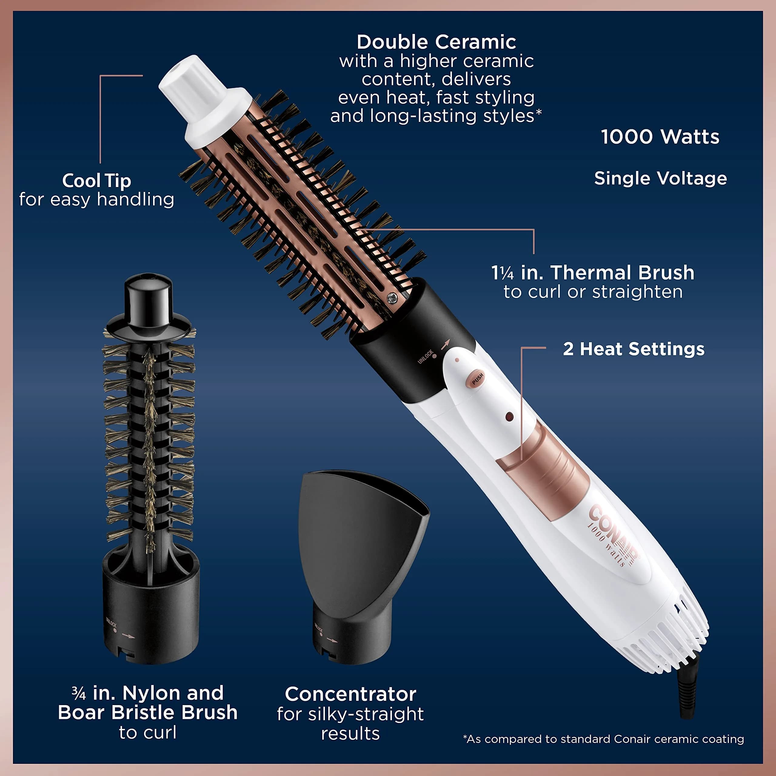 Conair Double Ceramic 3-in-1 Hot Air Brush with 4 Interchangeable Attachments | 1000W Styling Tool for Curls & Straight Styles - view 4